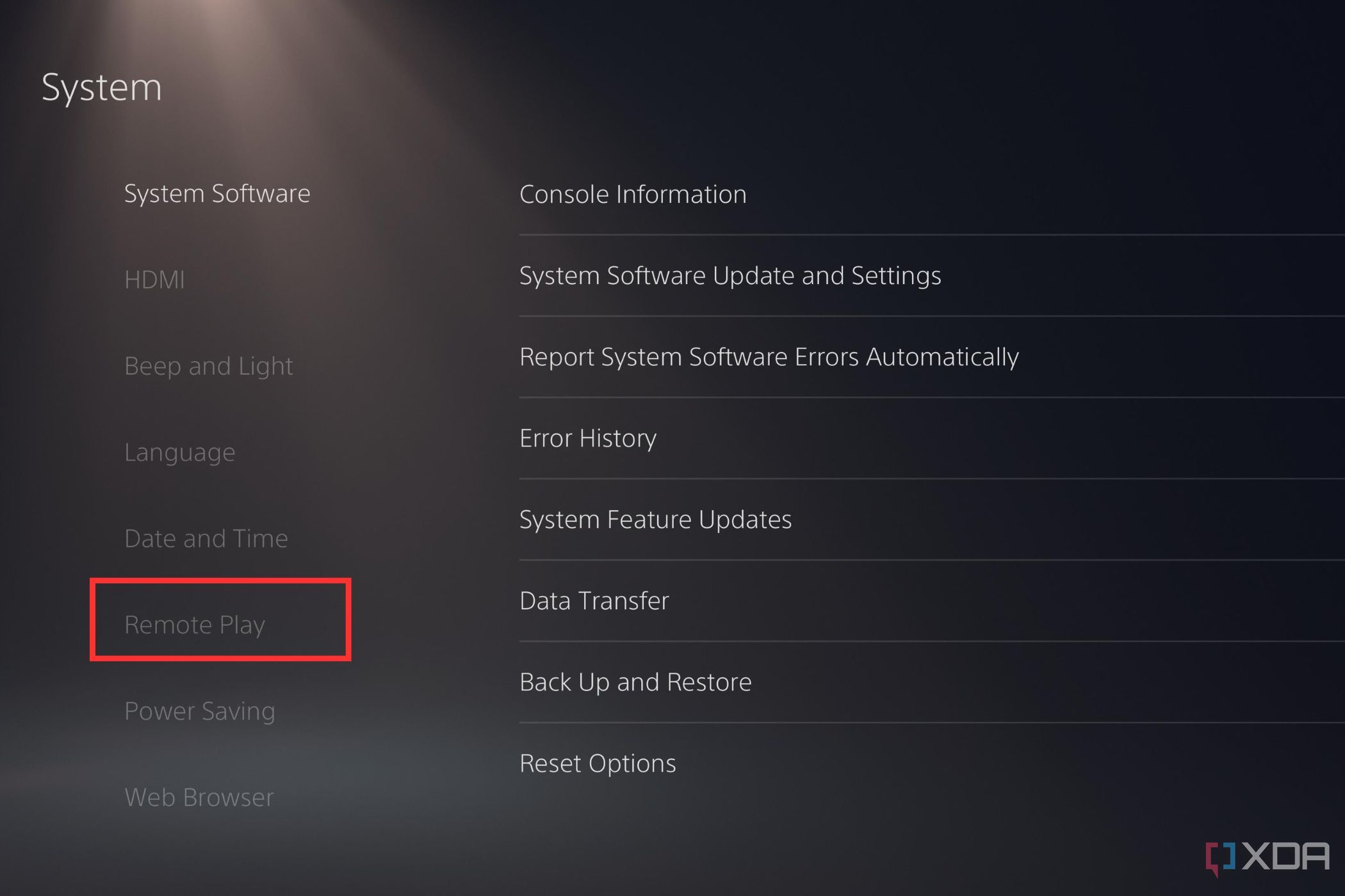 Выделенная опция «Удаленное воспроизведение» на странице настроек системы PS5.