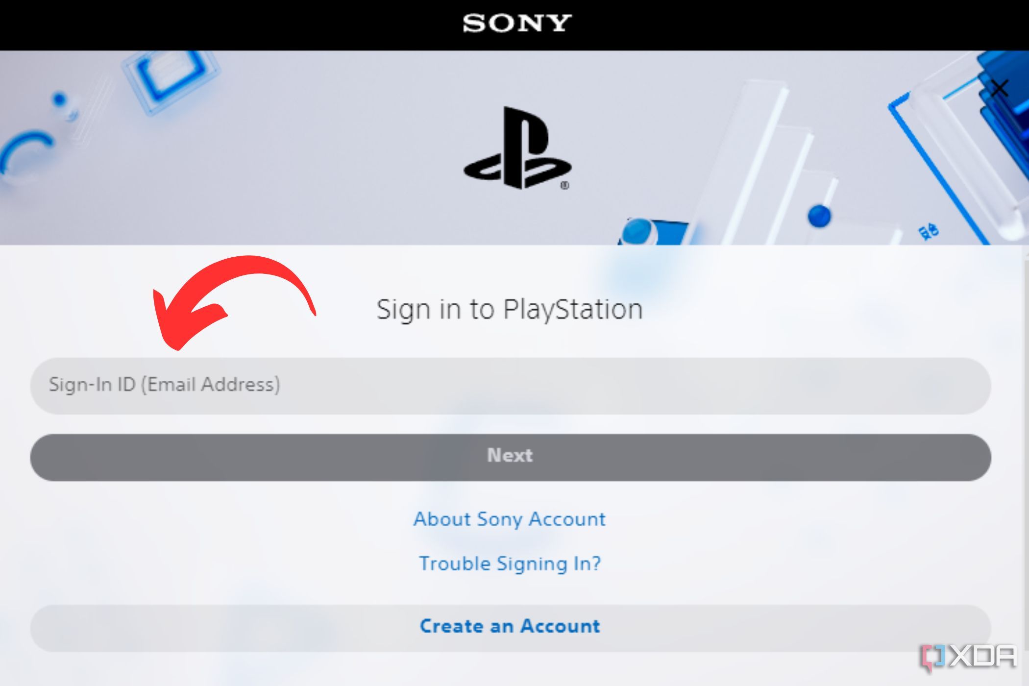 Снимок экрана, показывающий выделенное текстовое поле для входа в систему на веб-сайте Sony.