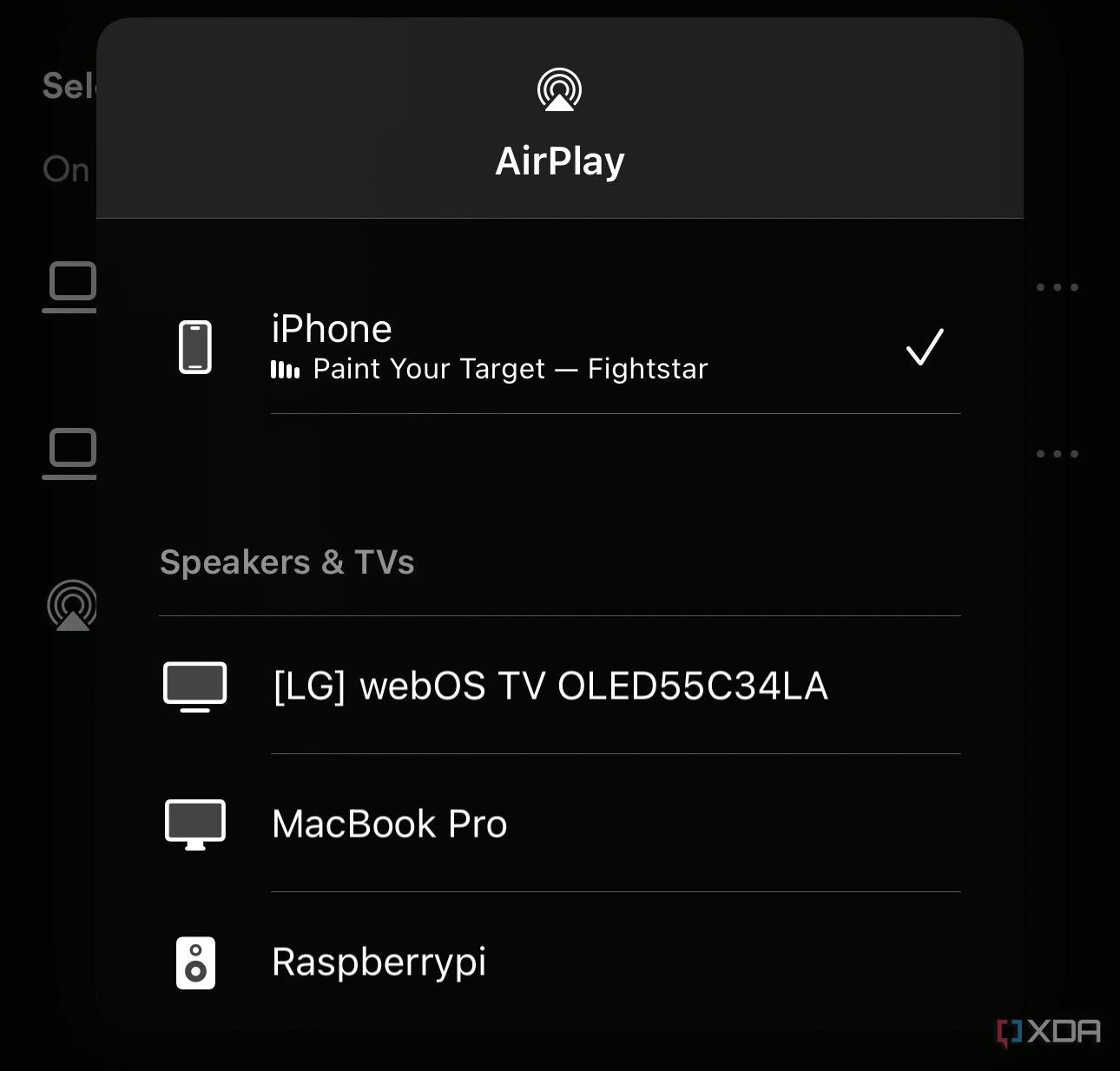 Captura de pantalla de la Raspberry Pi que aparece como un dispositivo AirPlay.