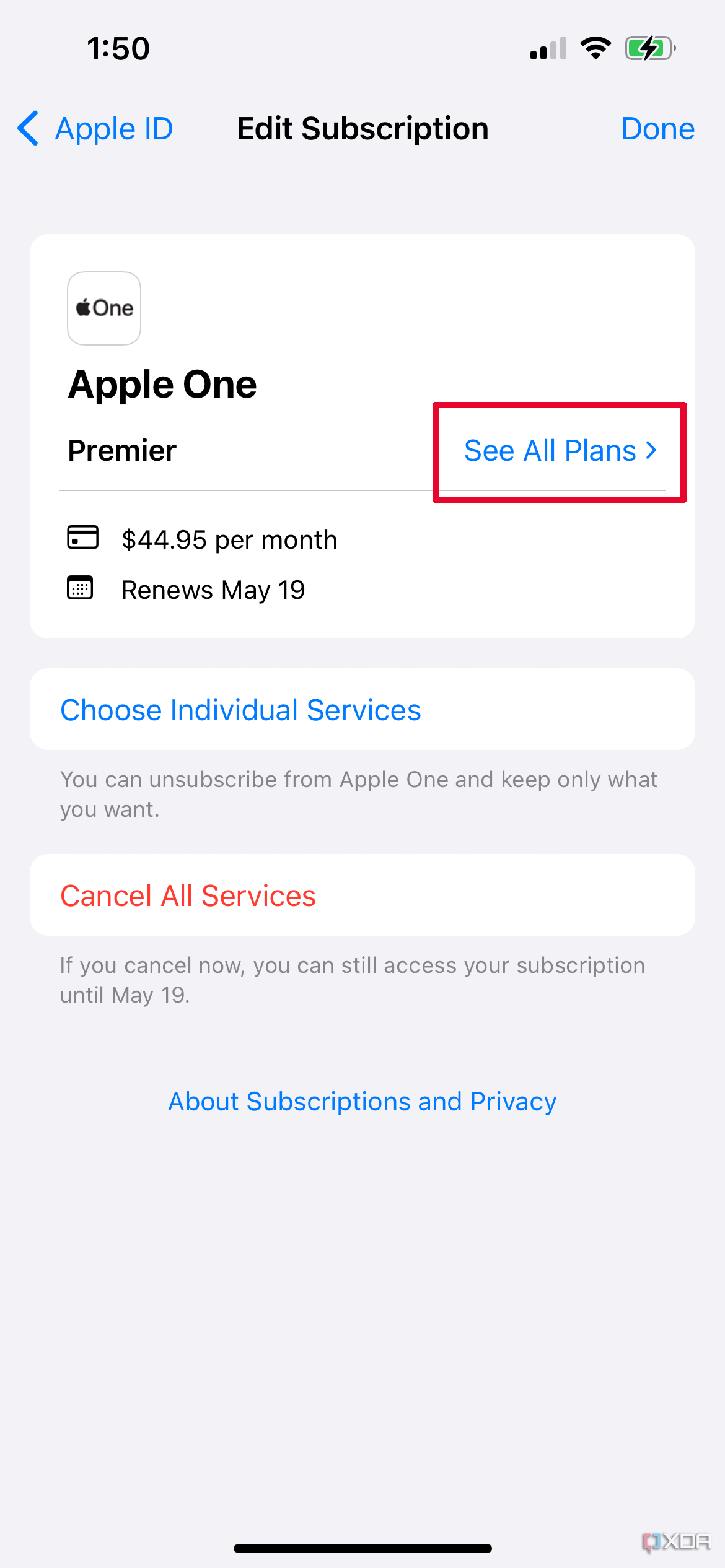 iPhone  Измените страницу подписки, выбрав «Просмотреть все планы» рядом с Apple One.
