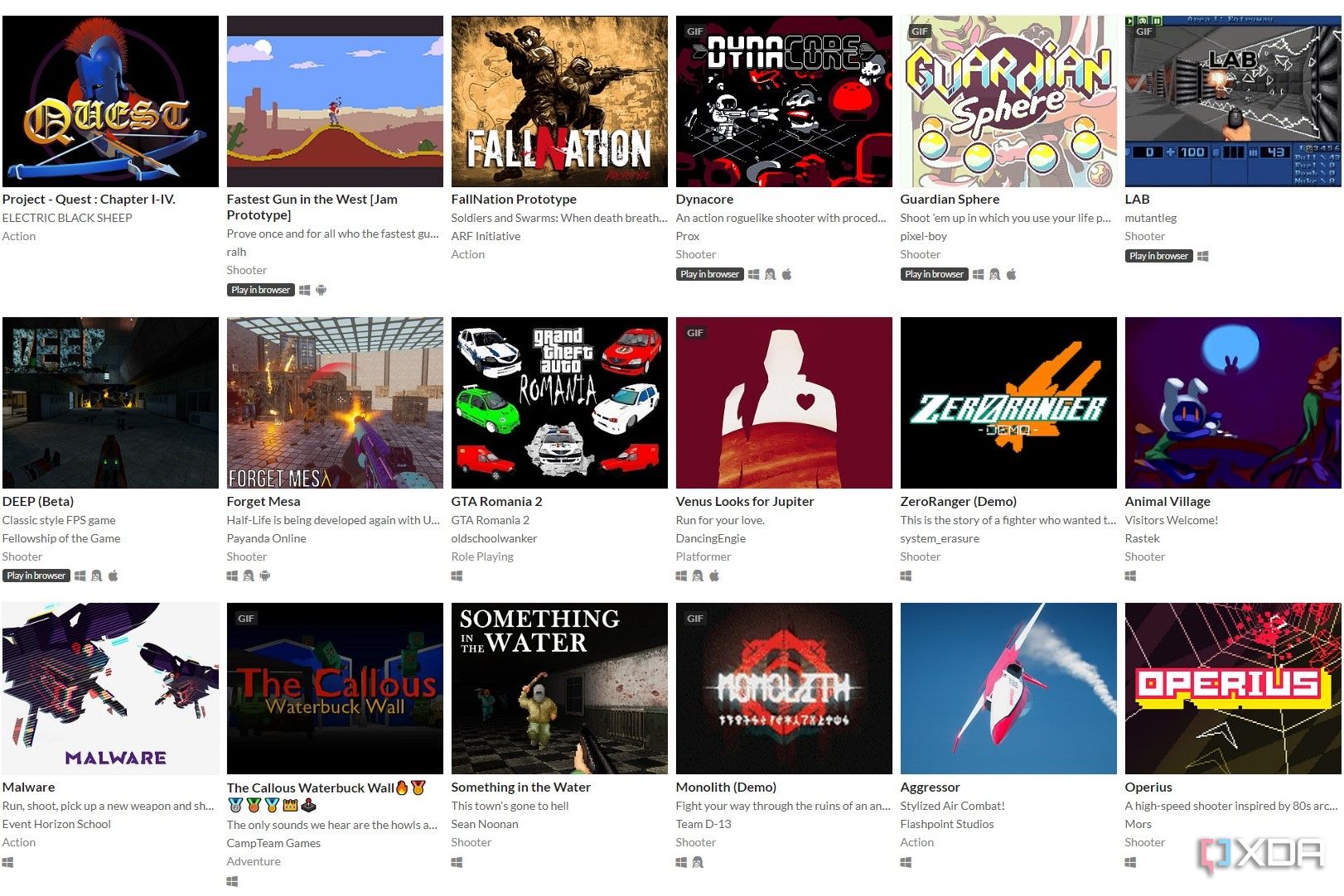 Screenshot of free shooter games on Itch.io