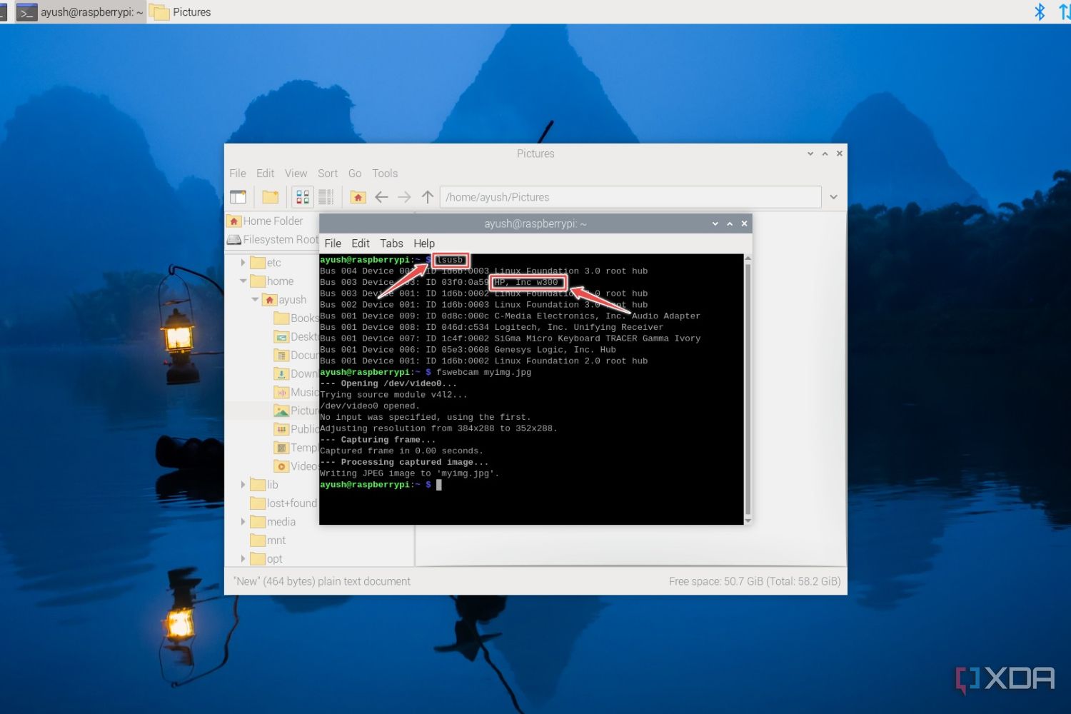 El comando lsusb en la terminal del sistema operativo Raspberry Pi