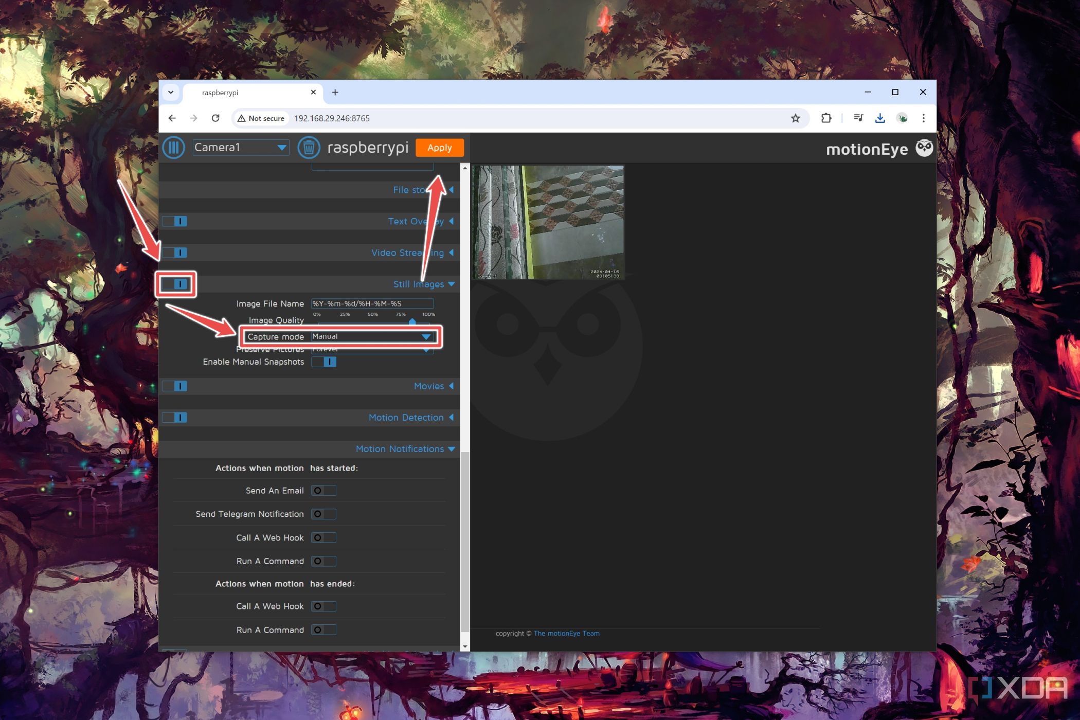 The Still Image tab highlighted in MotionEye