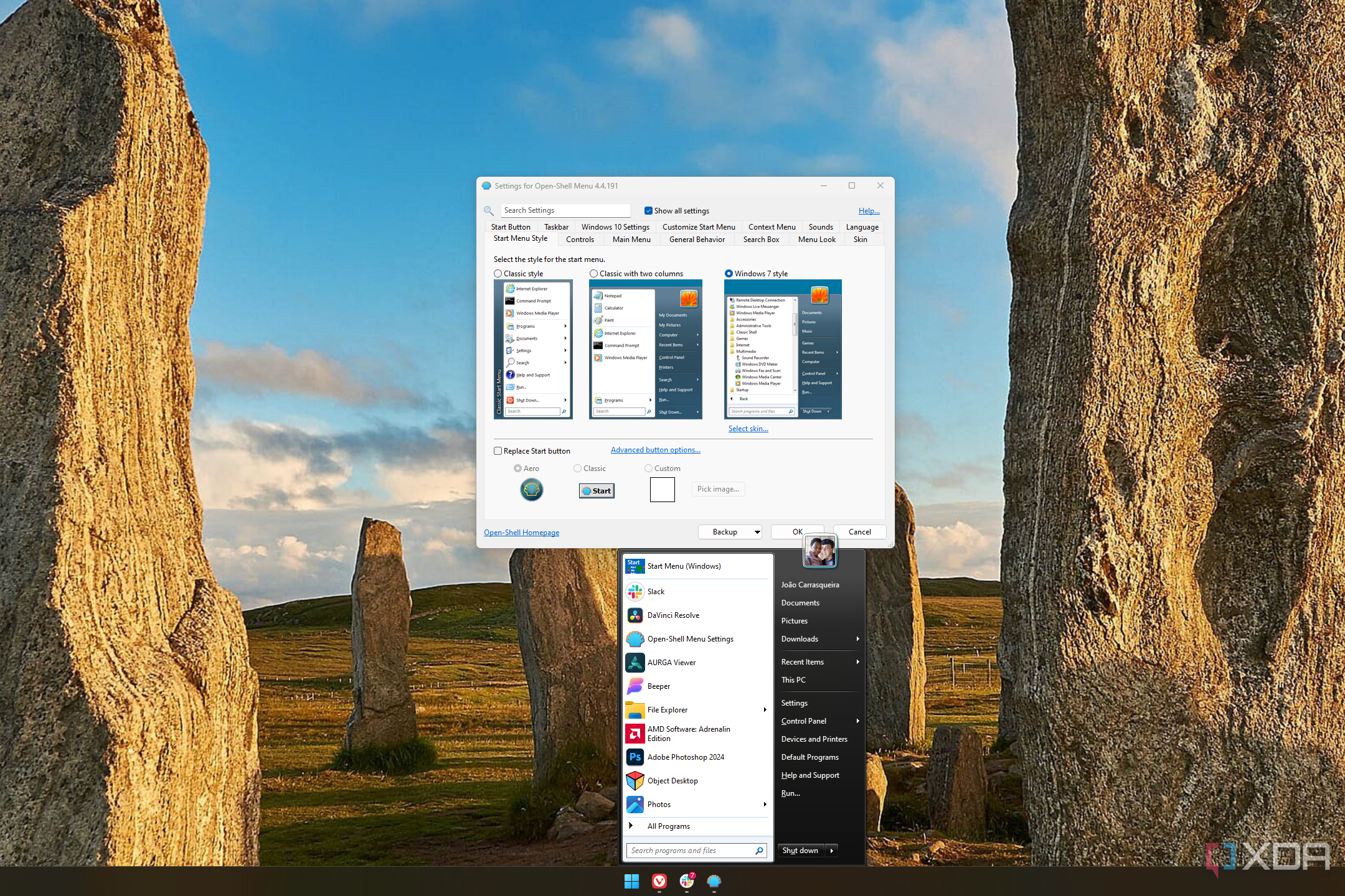 Screenshot of a Windows 11 desktop with the OpenShell Start menu and settings open