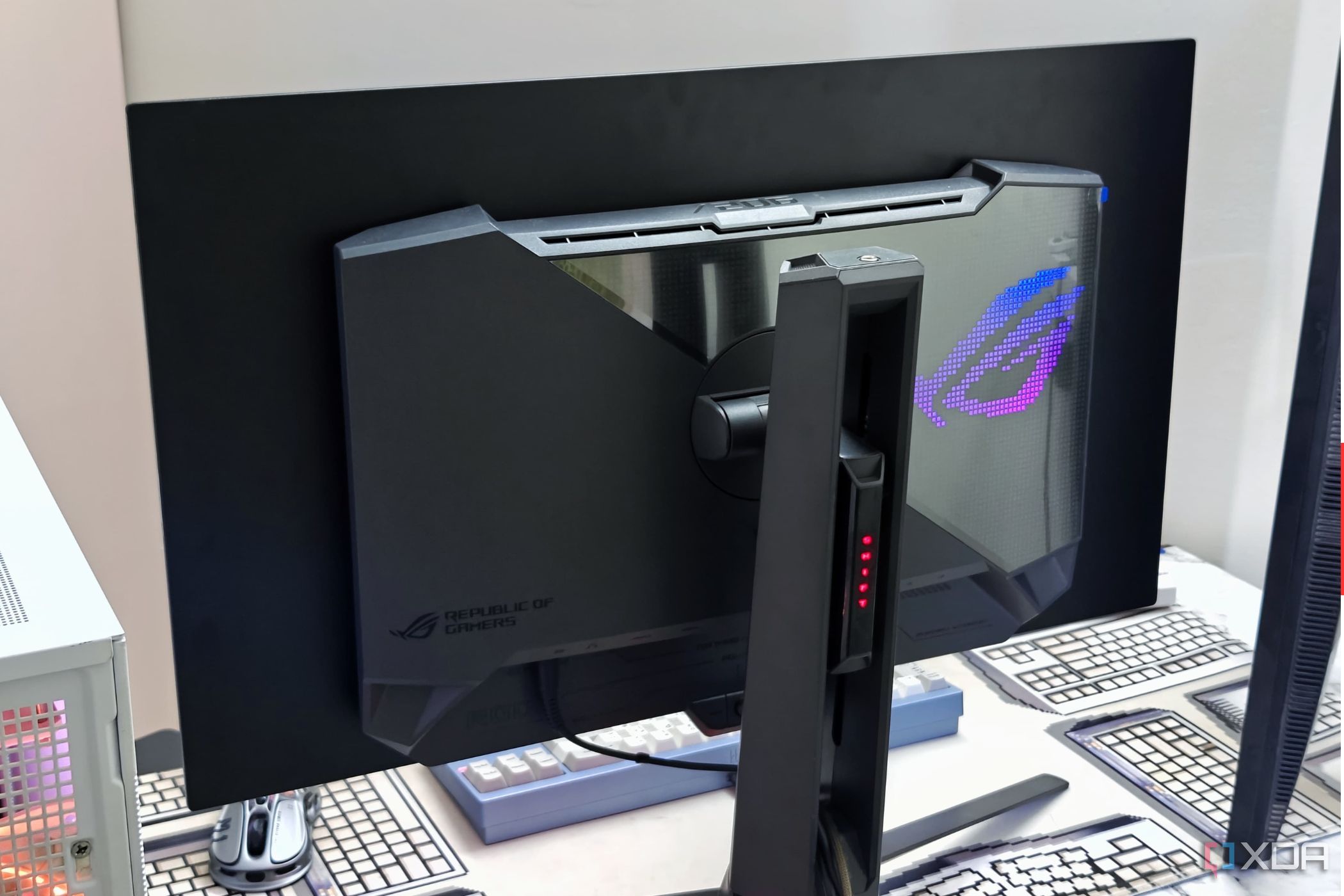An image showing the backside of the Asus ROG PG27AQDM gaming monitor.