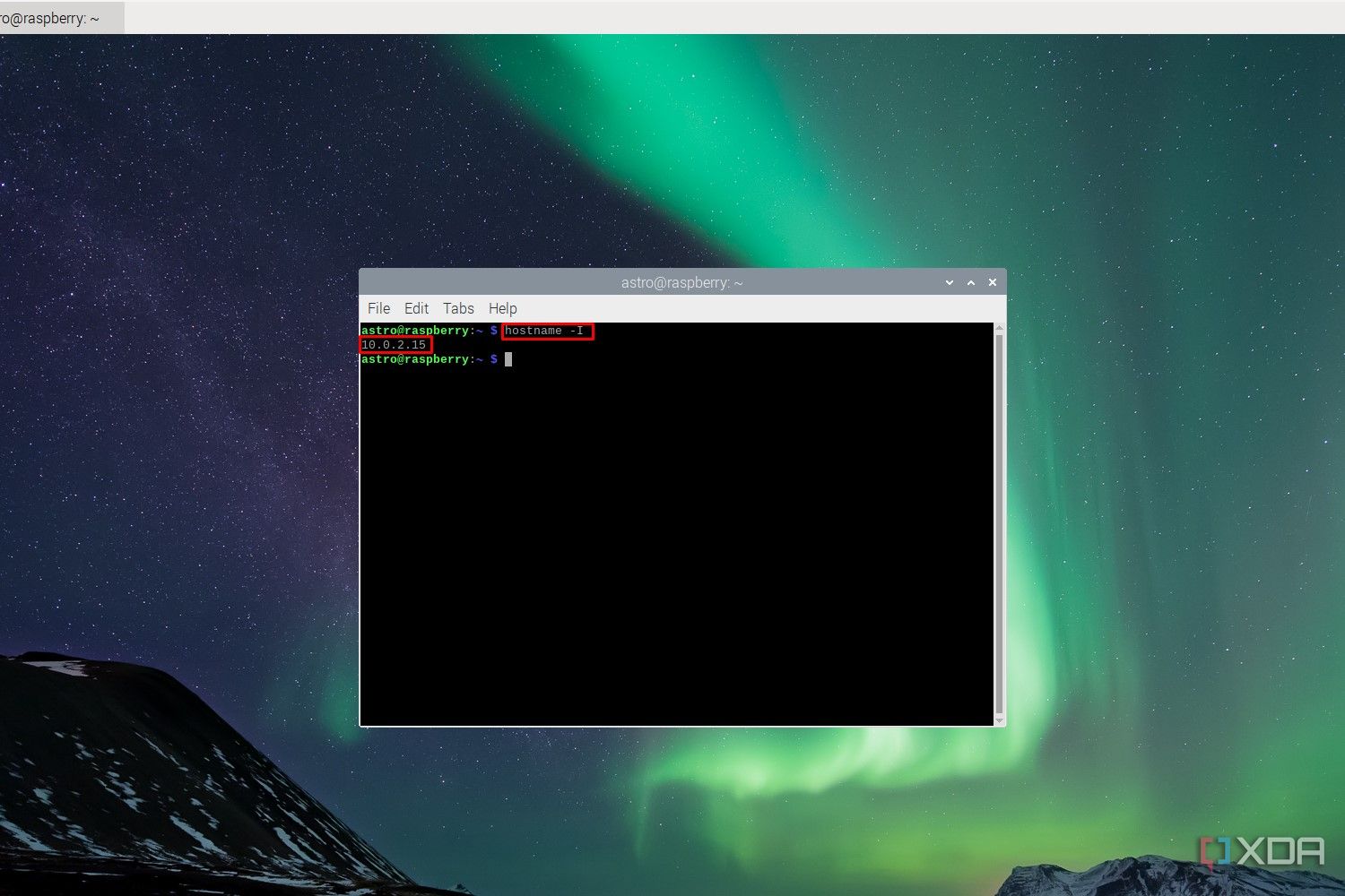 Raspberry Pi OS screenshot that highlights the IPv4 address in the terminal