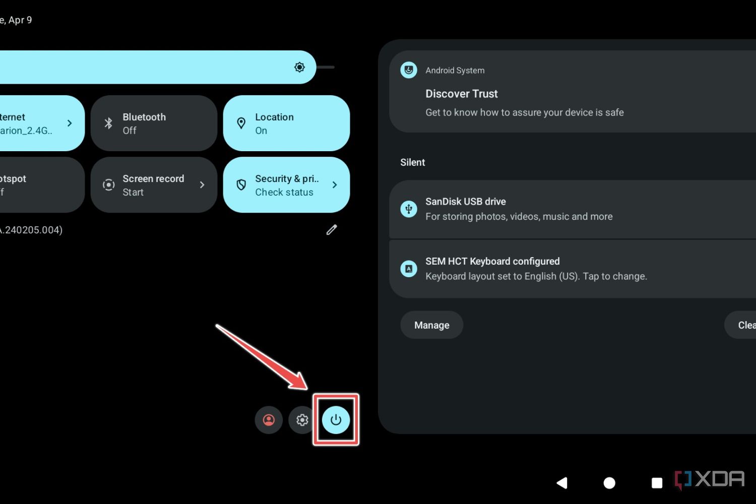 El botón de encendido en LineageOS