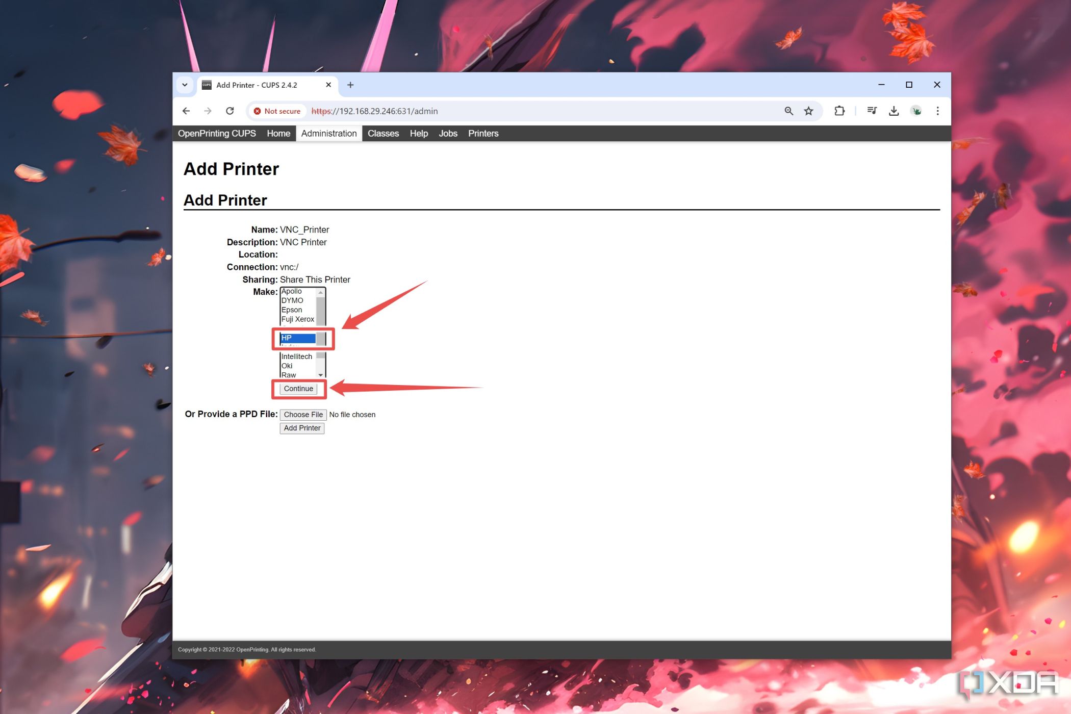 La configuración de Make resaltada en la interfaz web de CUPS