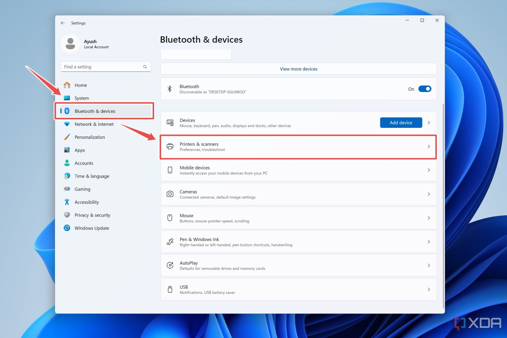 El procedimiento para acceder a las impresoras y escáneres en la aplicación Configuración