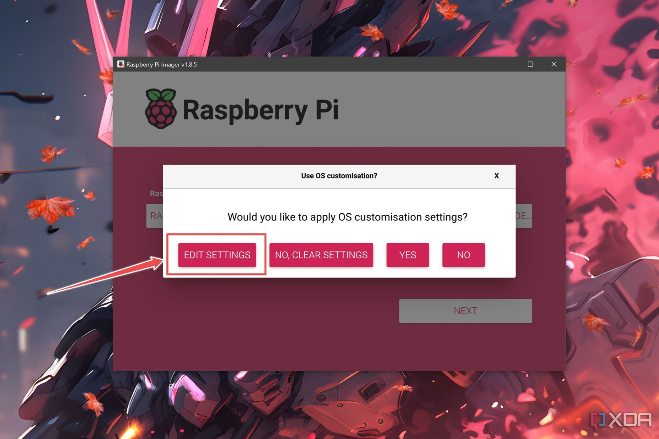 El generador de imágenes Raspberry Pi con la opción Editar configuración resaltada