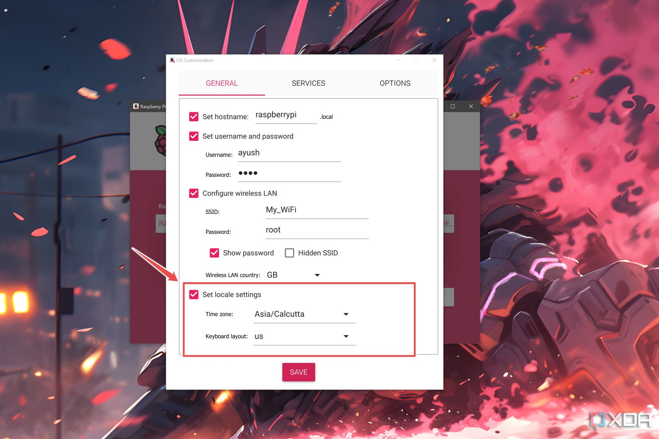 La configuración regional dentro de Raspberry Pi Imager