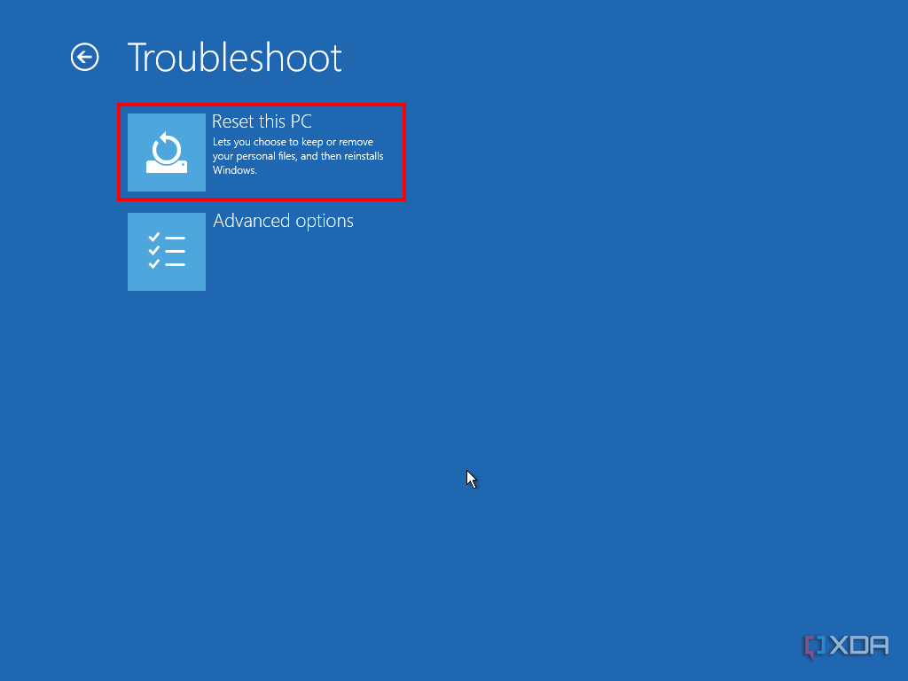 Screenshot of troubleshooting options in Windows Recovery with the Reset This PC option highlighted