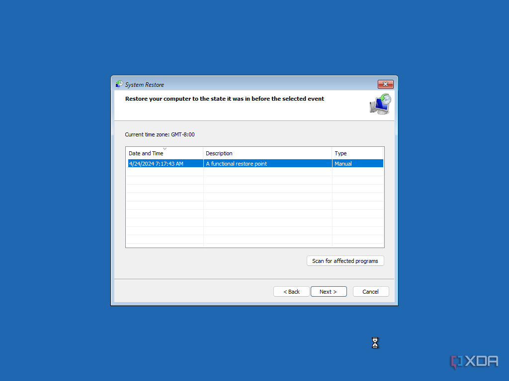 Screenshot of system restore in Windows Recovery showing an available restore point 