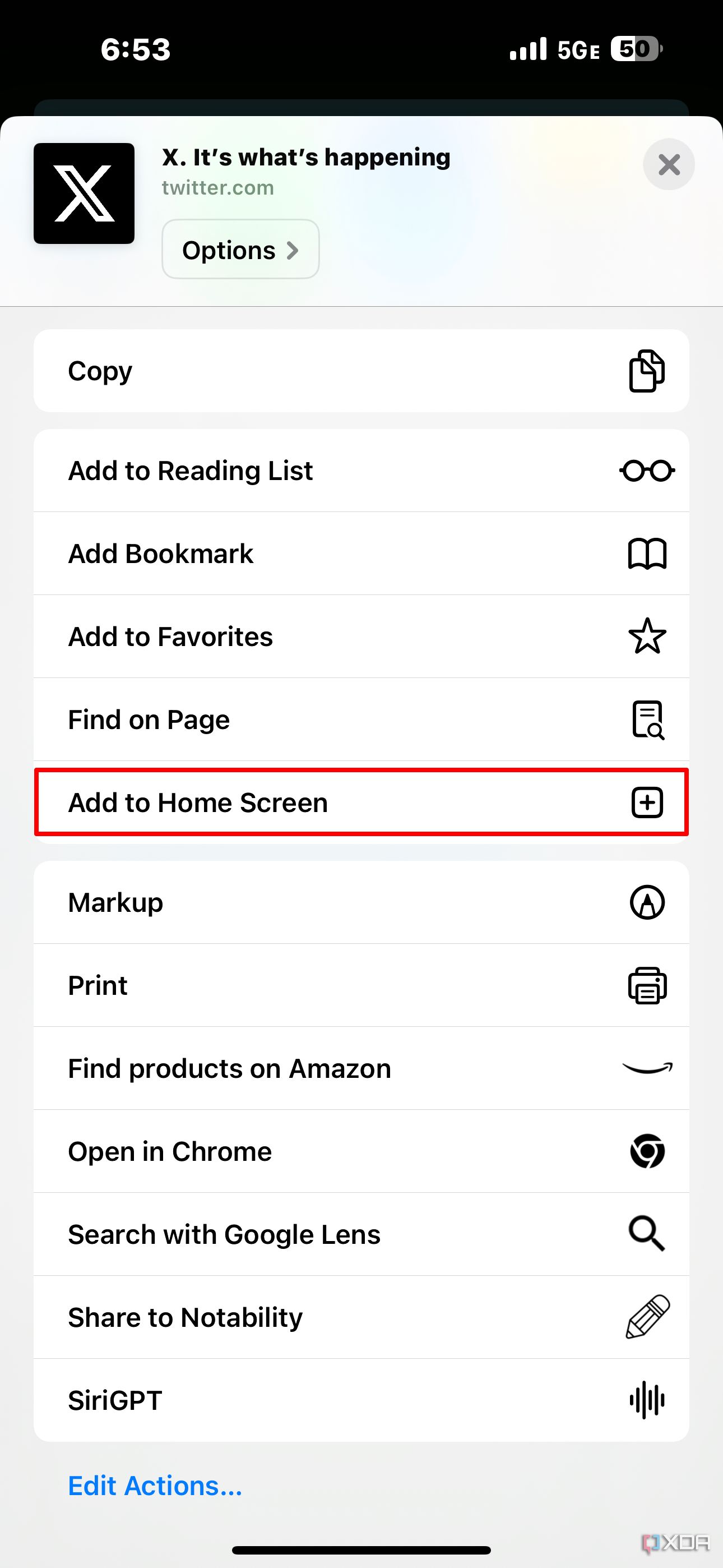 The add to Home Screen button in Safari.