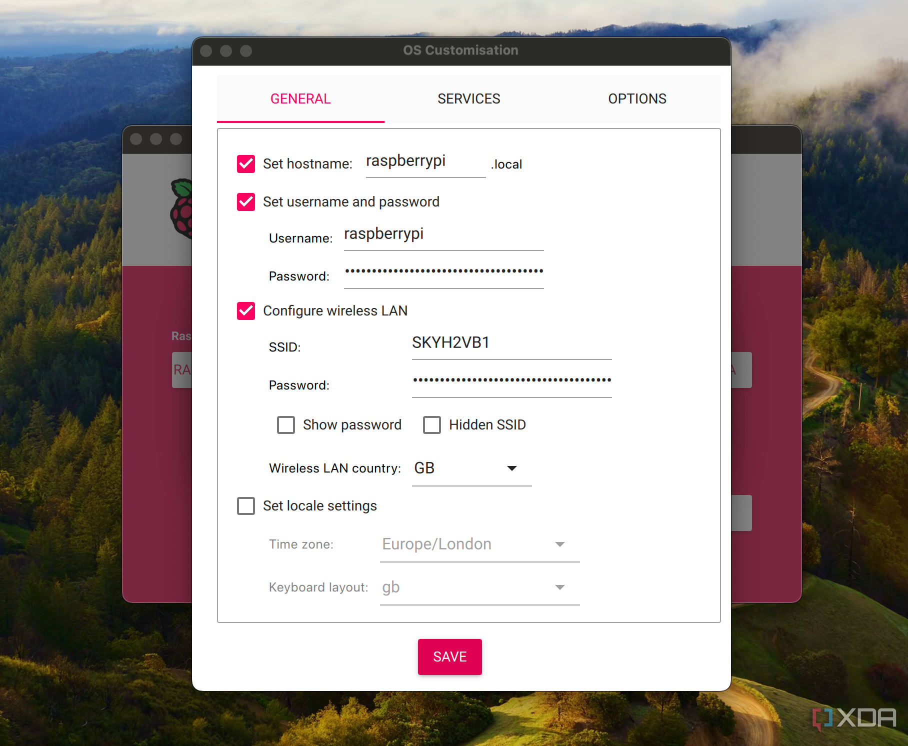 Captura de pantalla del panel de configuración de Raspberry Pi Imager.