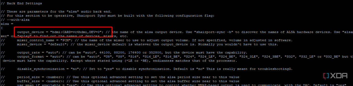 Captura de pantalla de la configuración de salida predeterminada de Shairport-conf