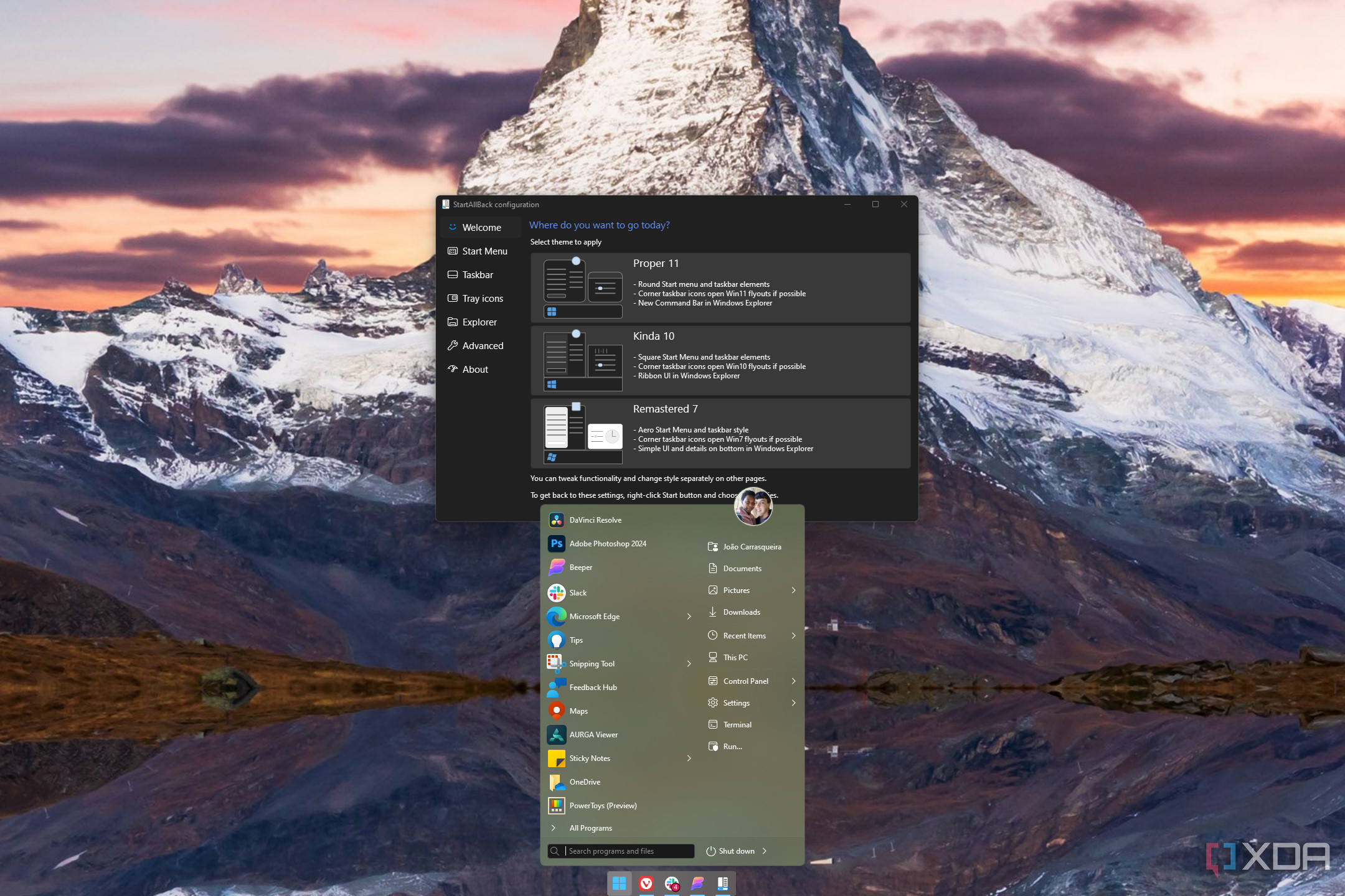 Screenshot of a Windows 11 desktop with the Start Menu from StartAllBack