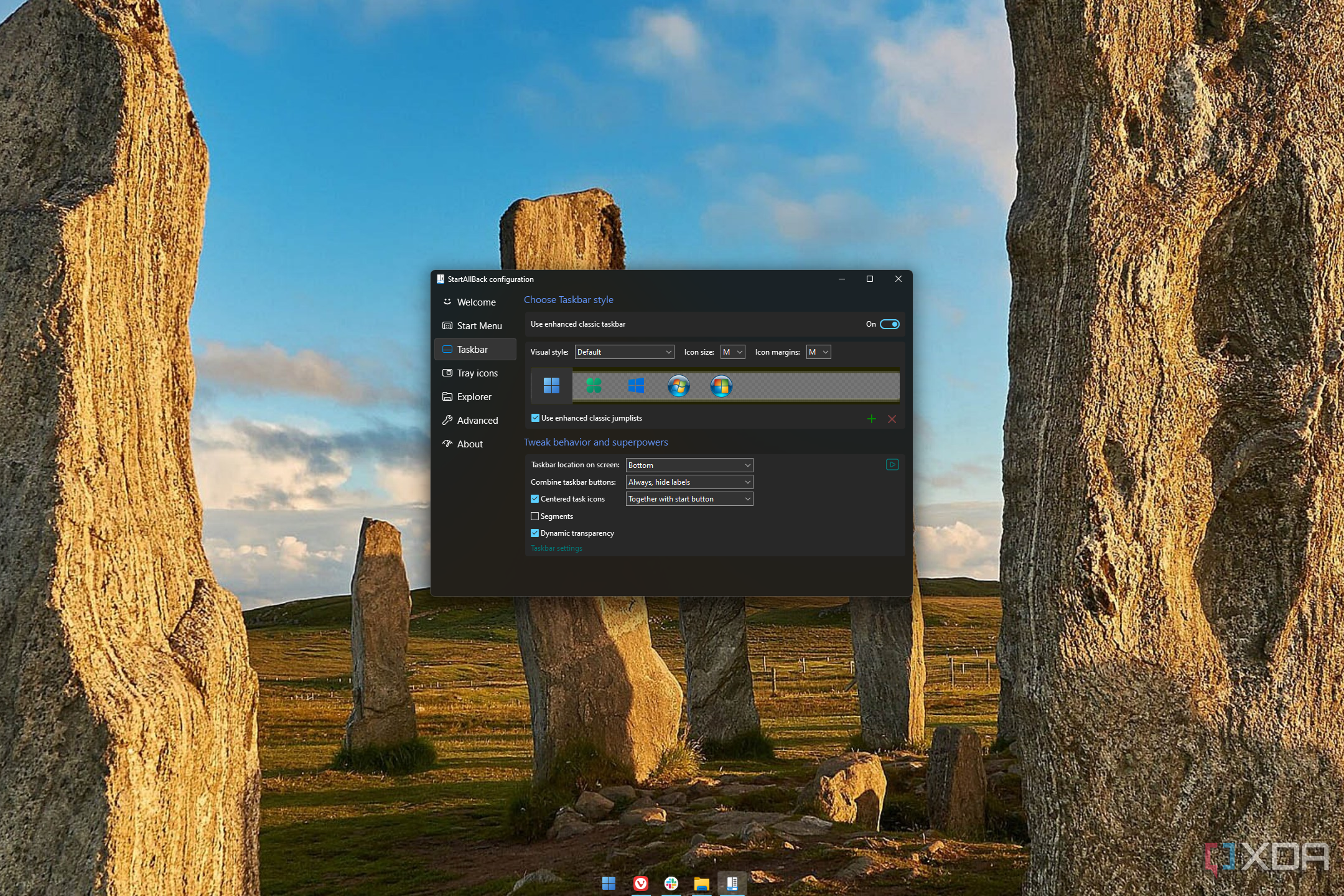 Screenshot of Windows 11 with StartAllBack showing a transparent taskbar