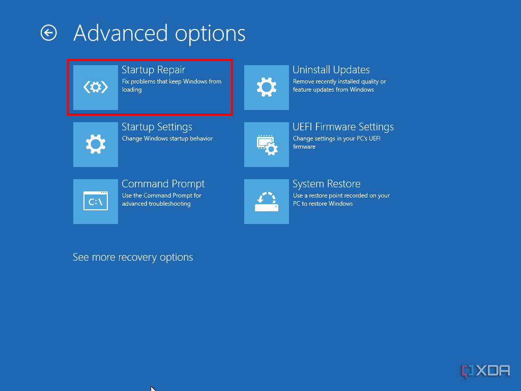 Screenshot of Windows Recovery advanced options with Startup repair highlighted
