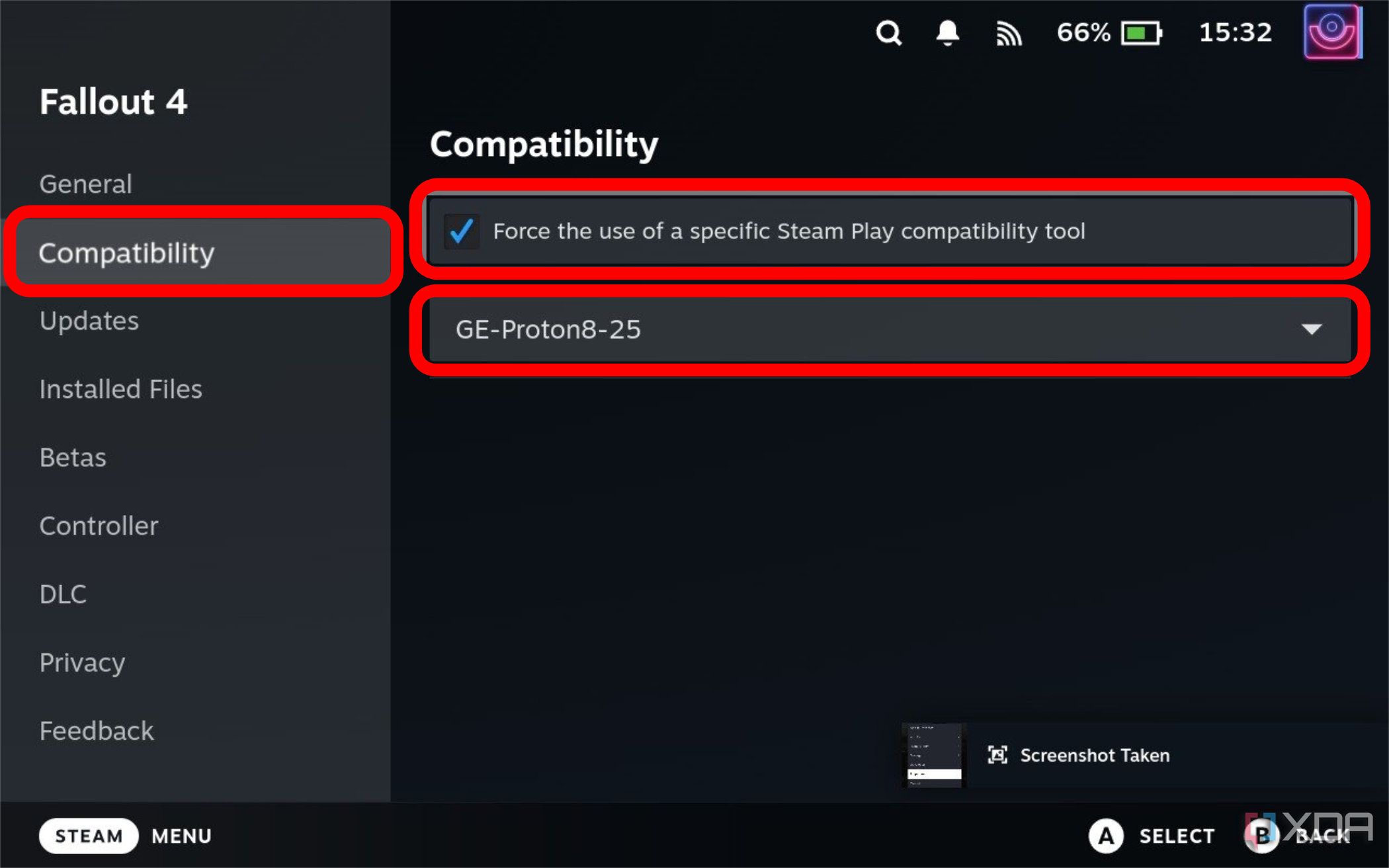 скриншот меню свойств Fallout 4 на Steam Deck с выделением меню совместимости