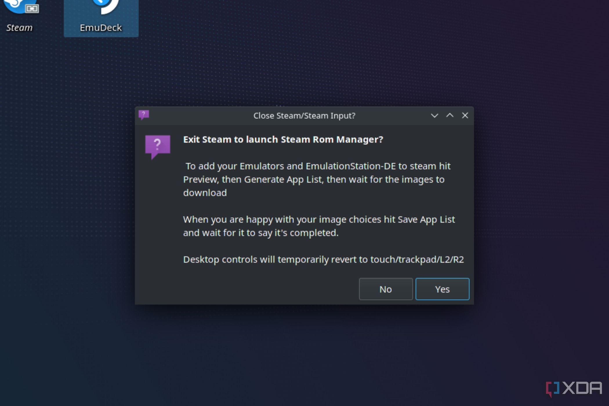 Una captura de pantalla que muestra la ventana emergente del Administrador de ROM de Steam.