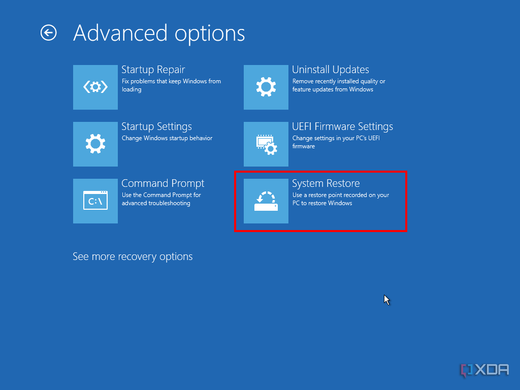 Screenshot of advanced options in Windows recovery with System restore highlighted