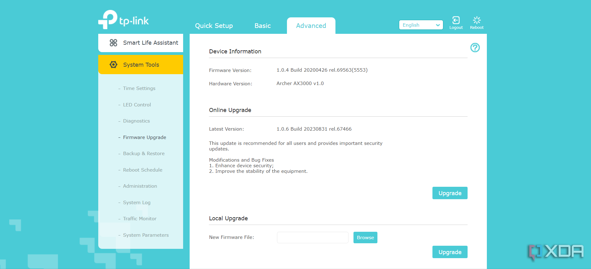 Página de actualización de firmware de tplink