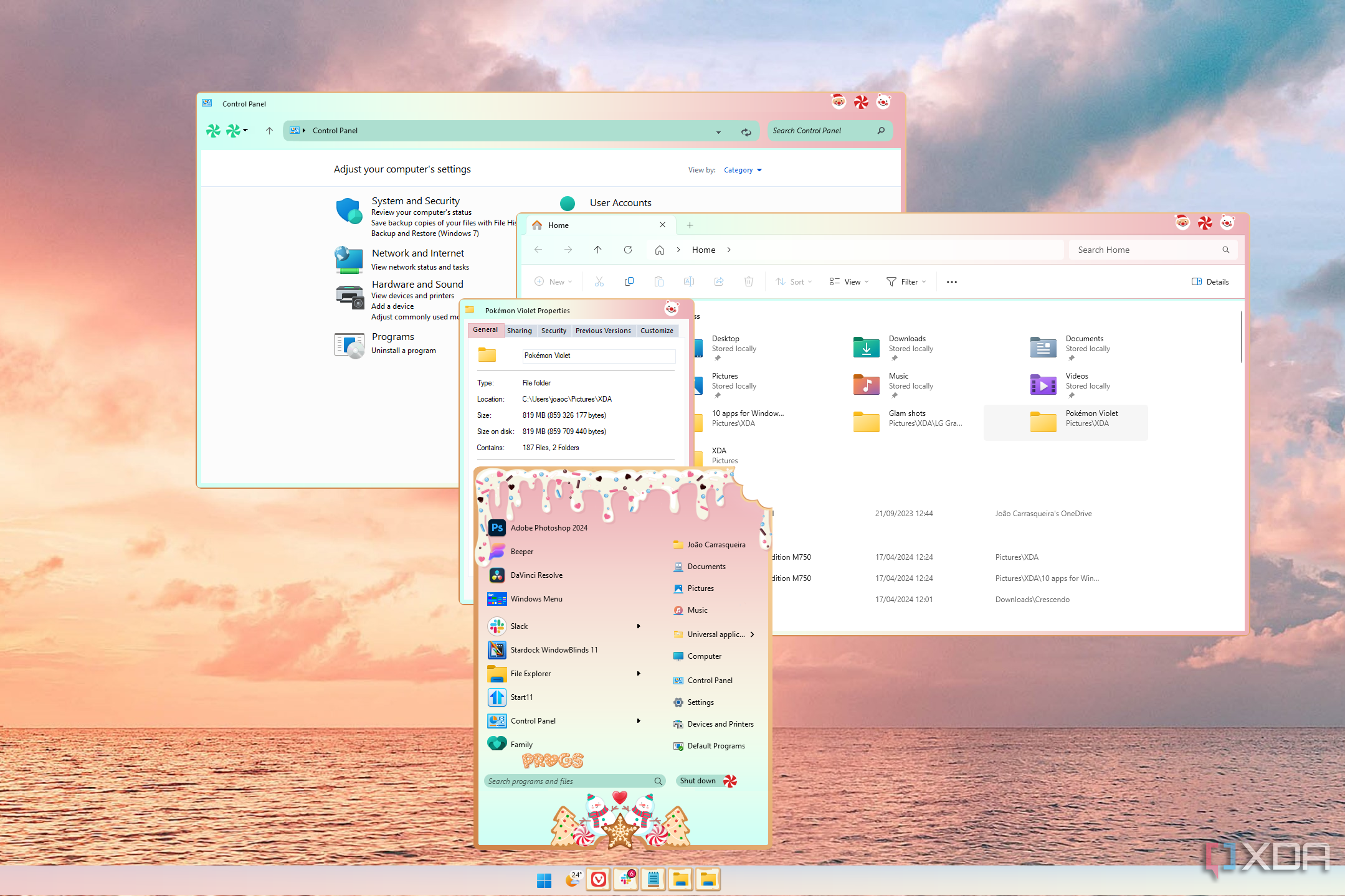 Screenshot of a Windows 11 desktop with a Start menu and various windows themed by WindowBlinds