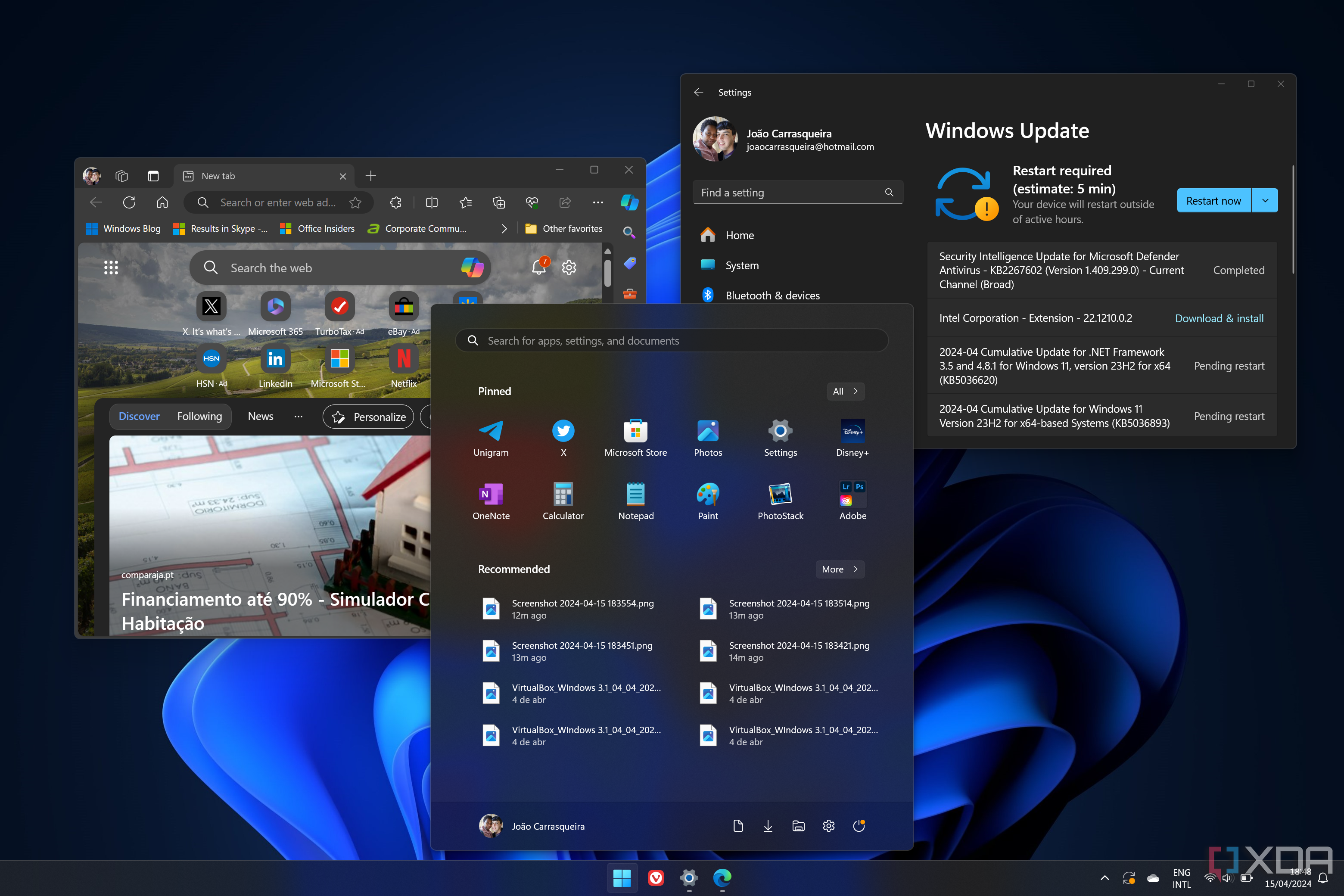 Screenshot of a Windows 11 desktop with the Start menu, Microsoft Edge, and Windows Update open