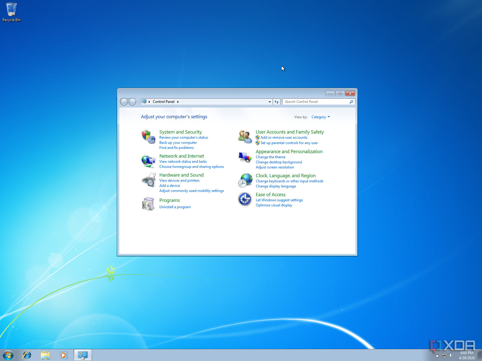 Captura de pantalla del panel de control en Windows 7