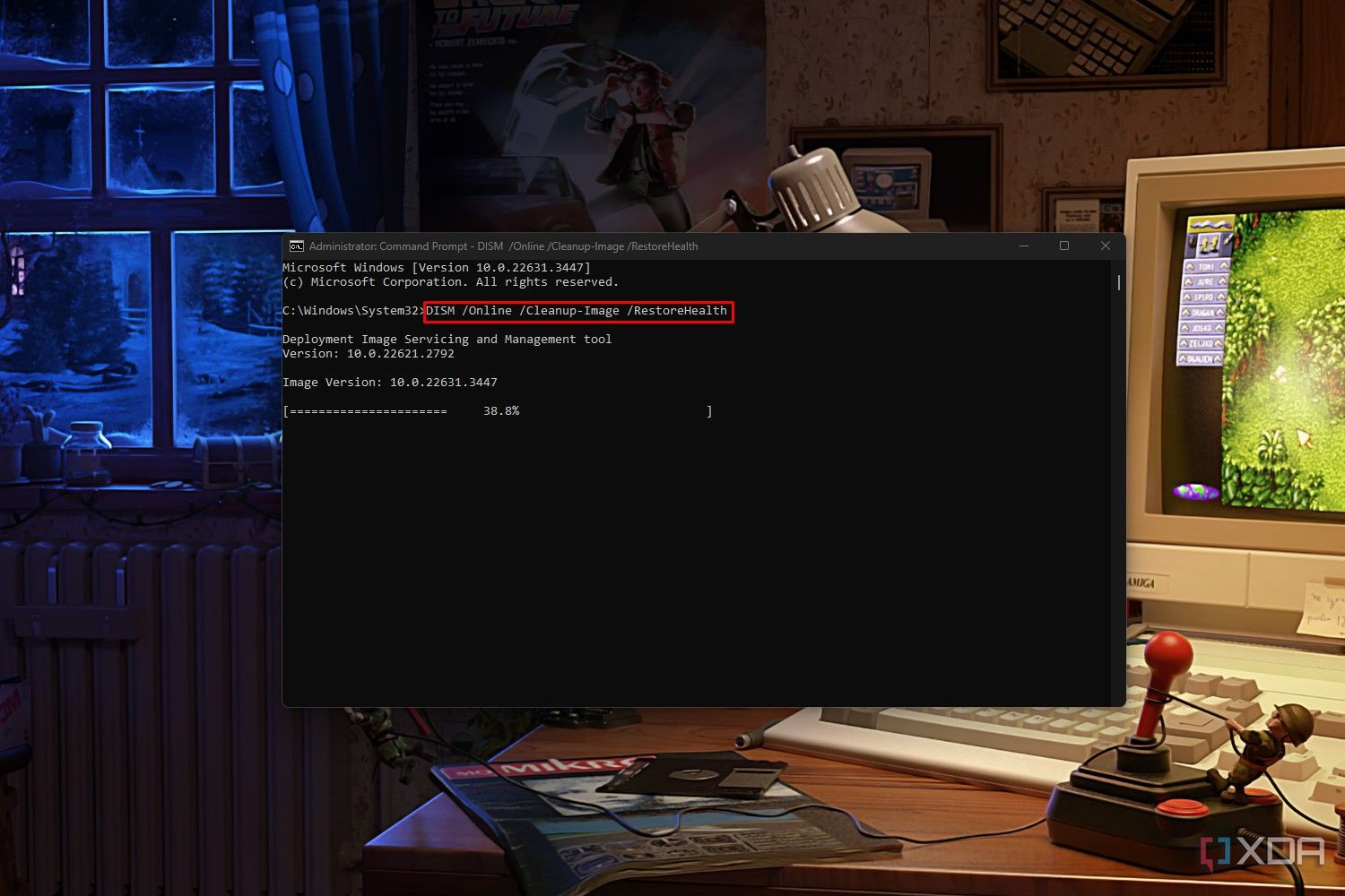 Windows 11 Command Prompt screenshot that highlights the RestoreHealth DISM command.