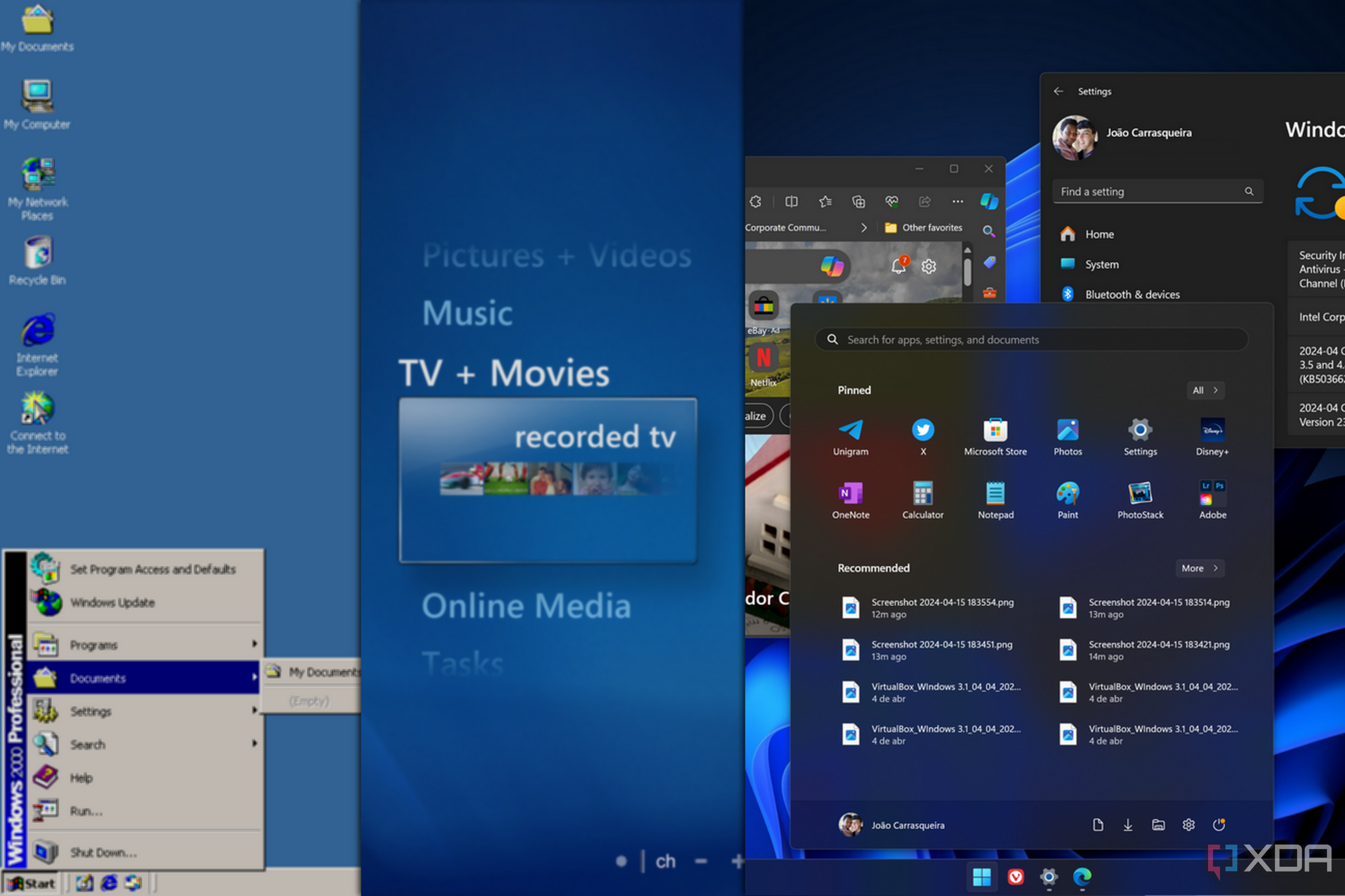 Screenshots of Windows 2000, Vista, and 11 shown together