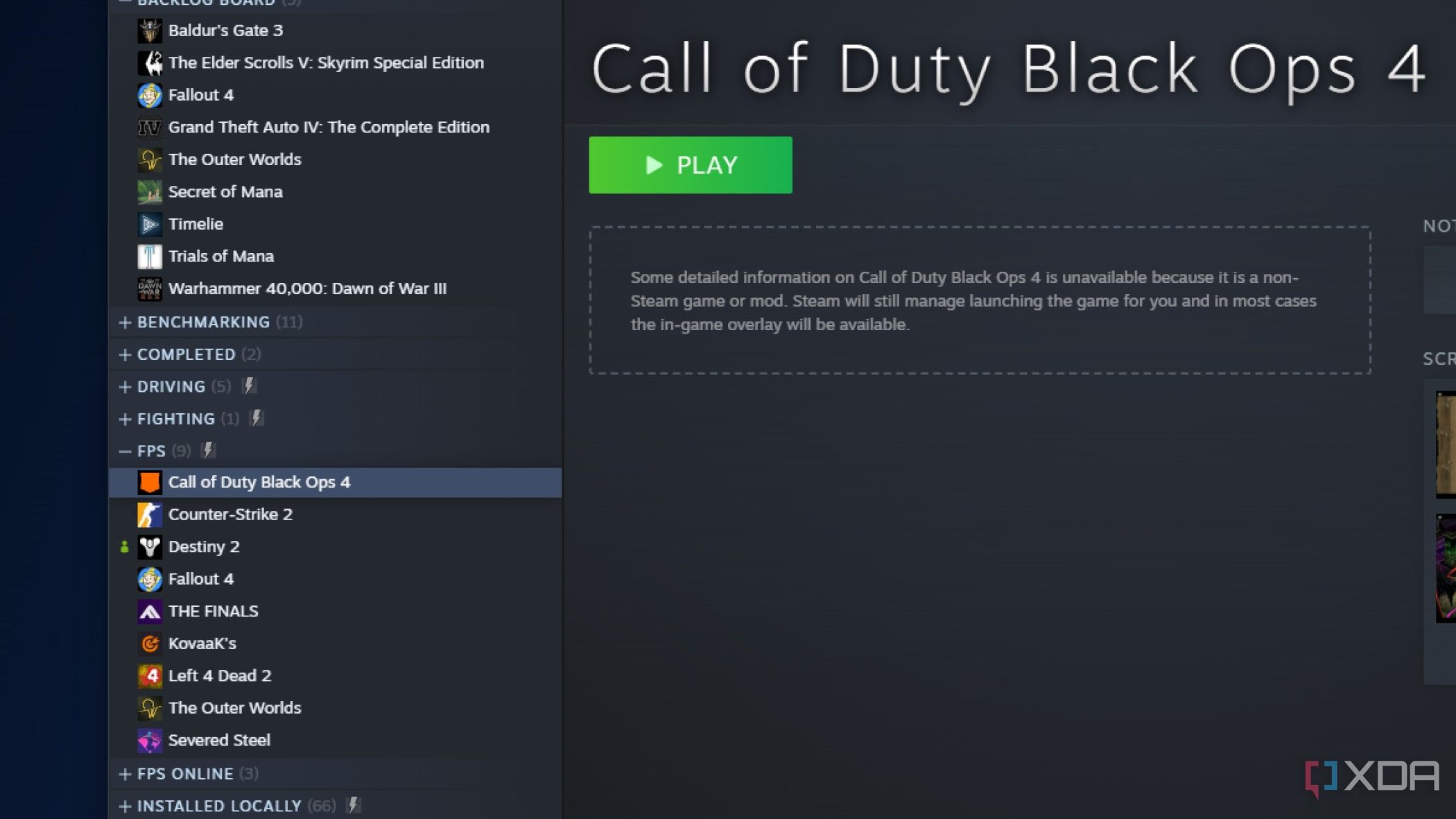 Captura de pantalla de la biblioteca de Steam que muestra la incorporación de Call of Duty Black Ops 4 como un juego que no pertenece a Steam
