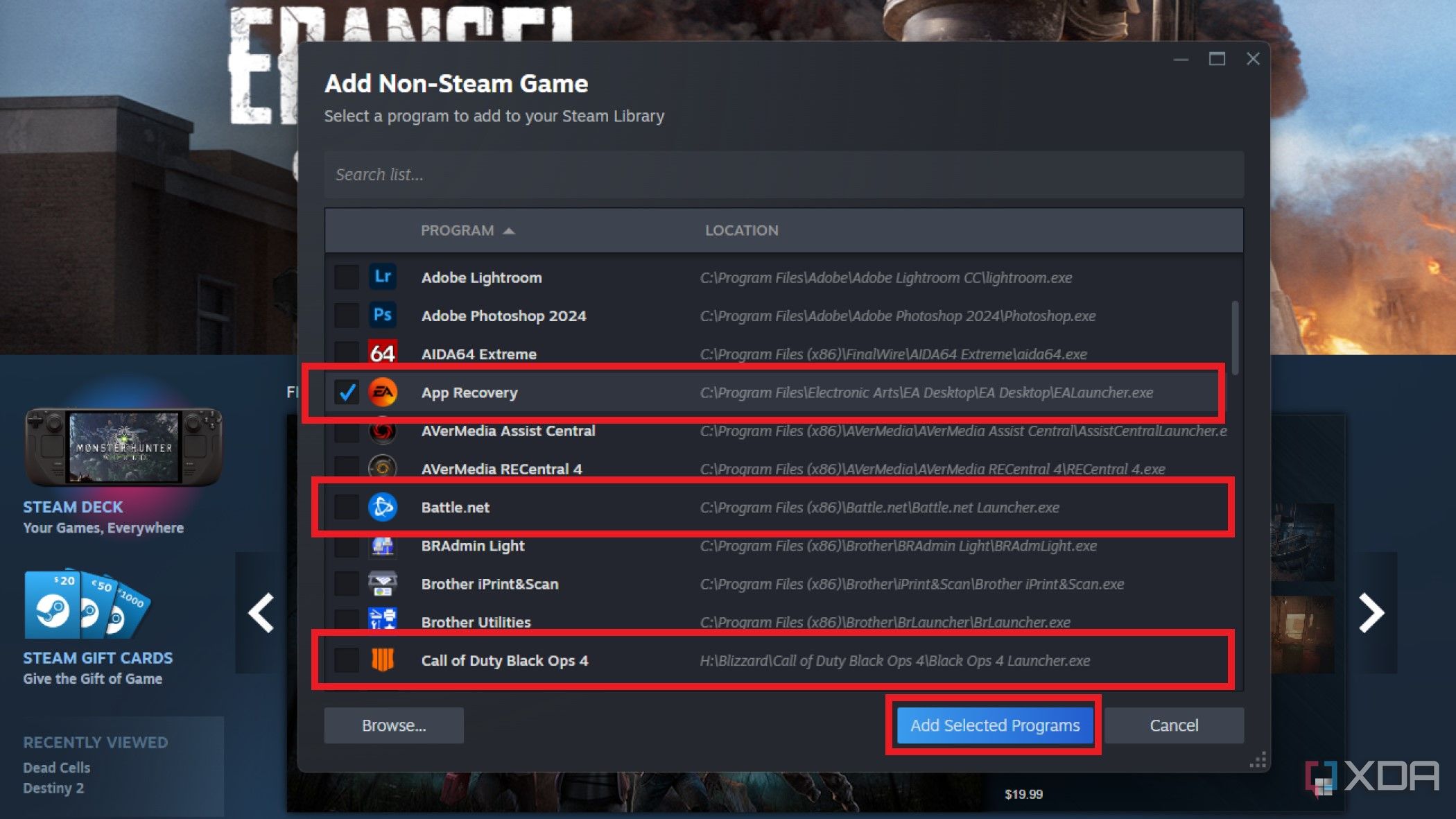 Captura de pantalla de la aplicación de escritorio Steam que muestra varios juegos seleccionados para agregar a Steam