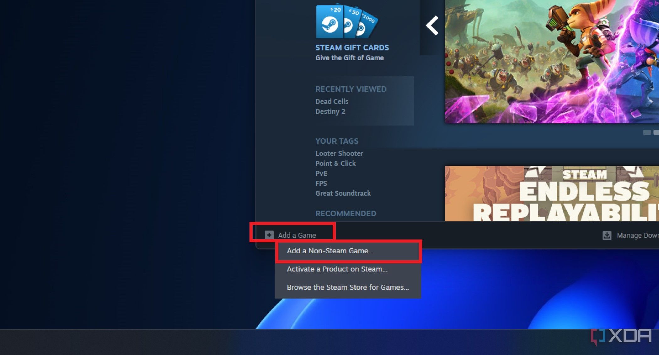 Captura de pantalla de la aplicación de escritorio Steam con la opción Agregar un juego que no sea de Steam resaltada