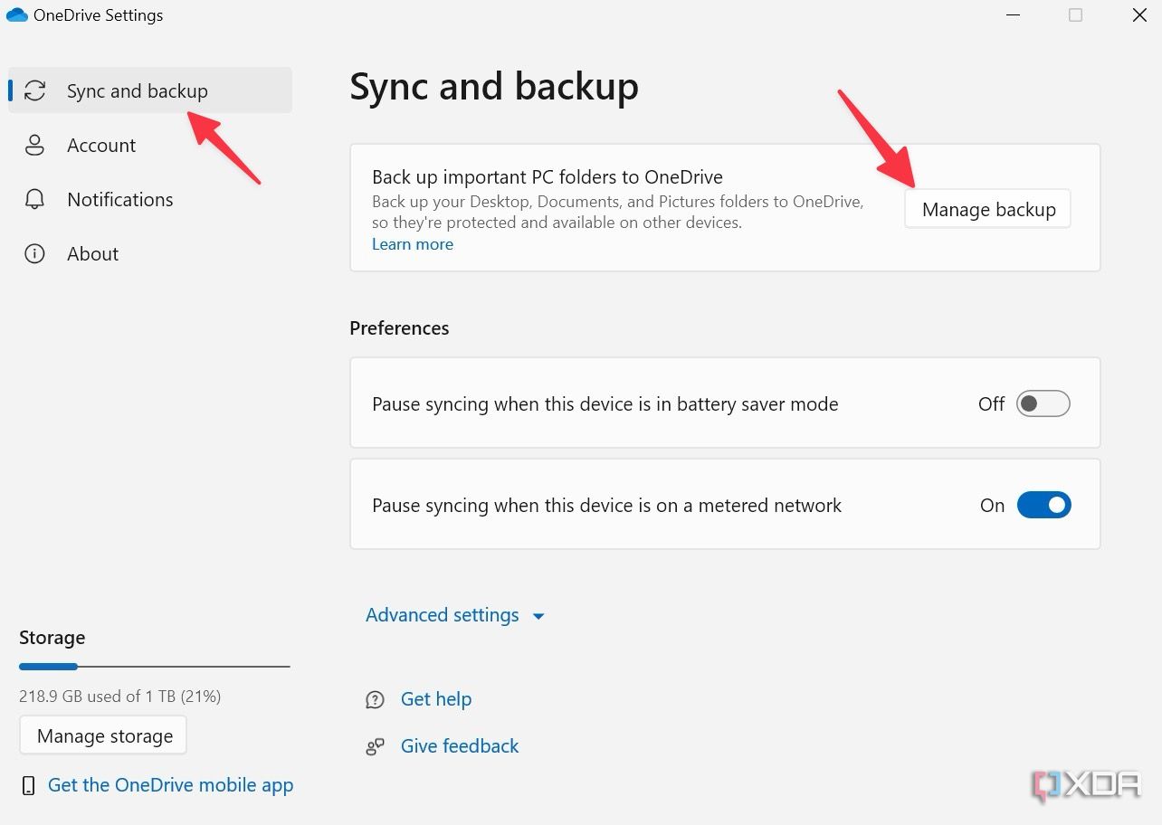 manage backup in OneDrive
