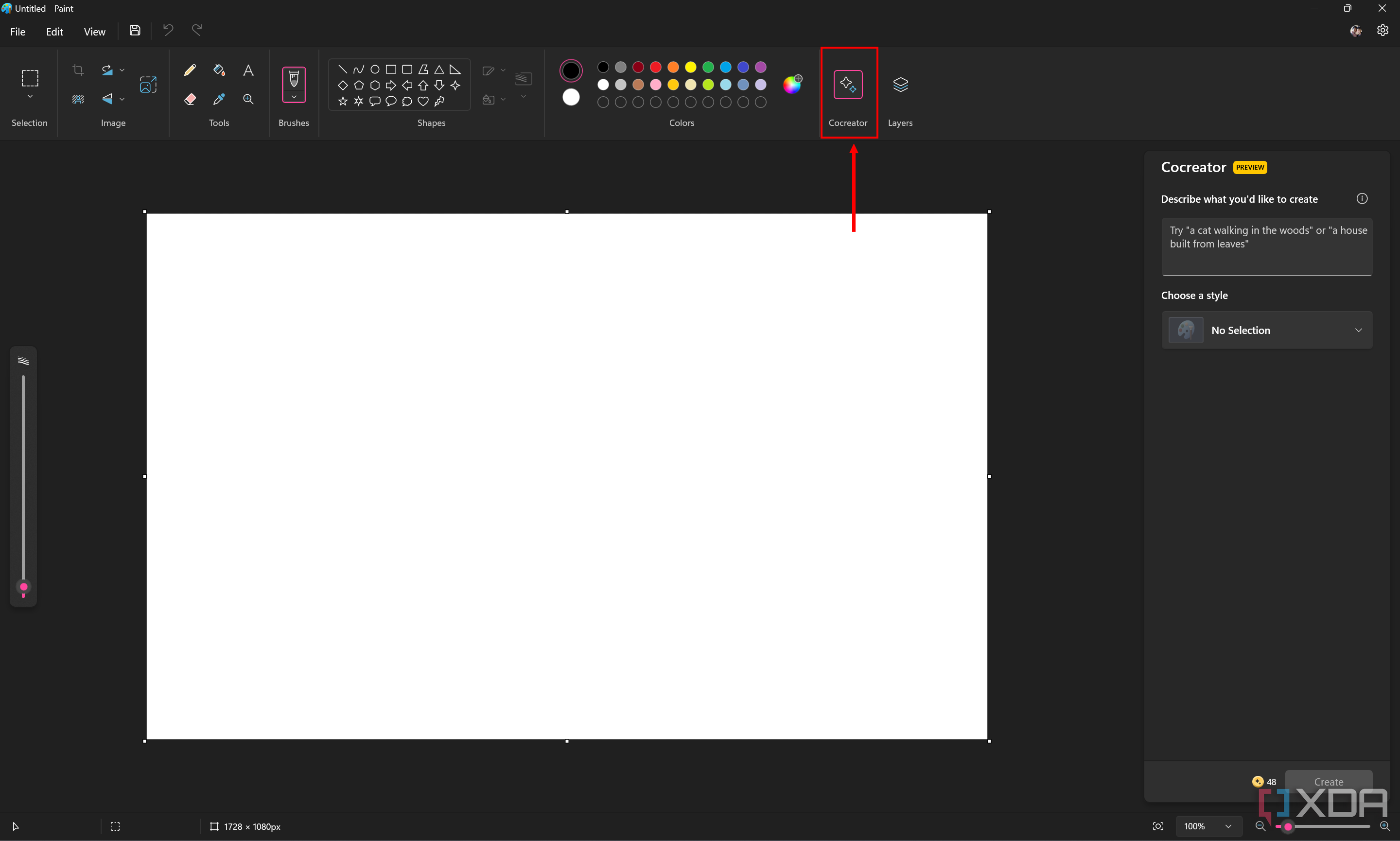 Captura de pantalla de Paint con el botón Cocreator resaltado