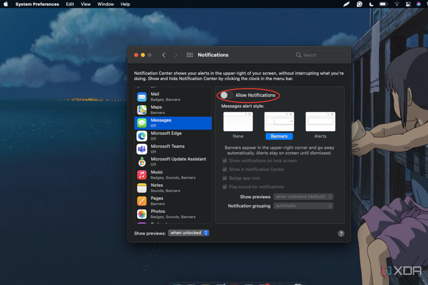 Captura de pantalla de MacOS que resalta la opción Permitir notificaciones para Mensajes en la ventana de configuración de Notificaciones.