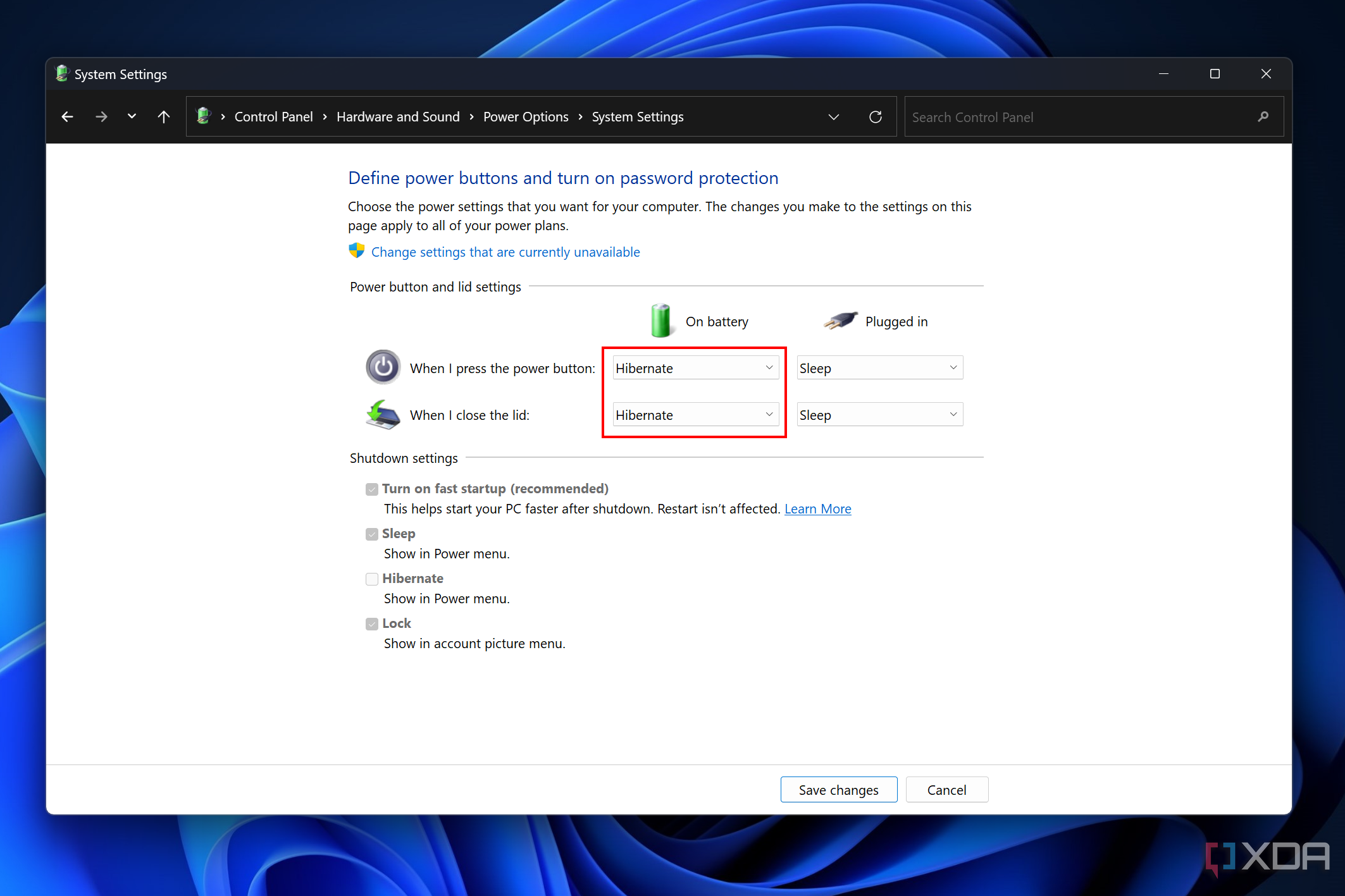 Captura de pantalla de las opciones de energía en el Panel de control con la computadora configurada para hibernar cuando la tapa está cerrada o se presiona el botón de encendido