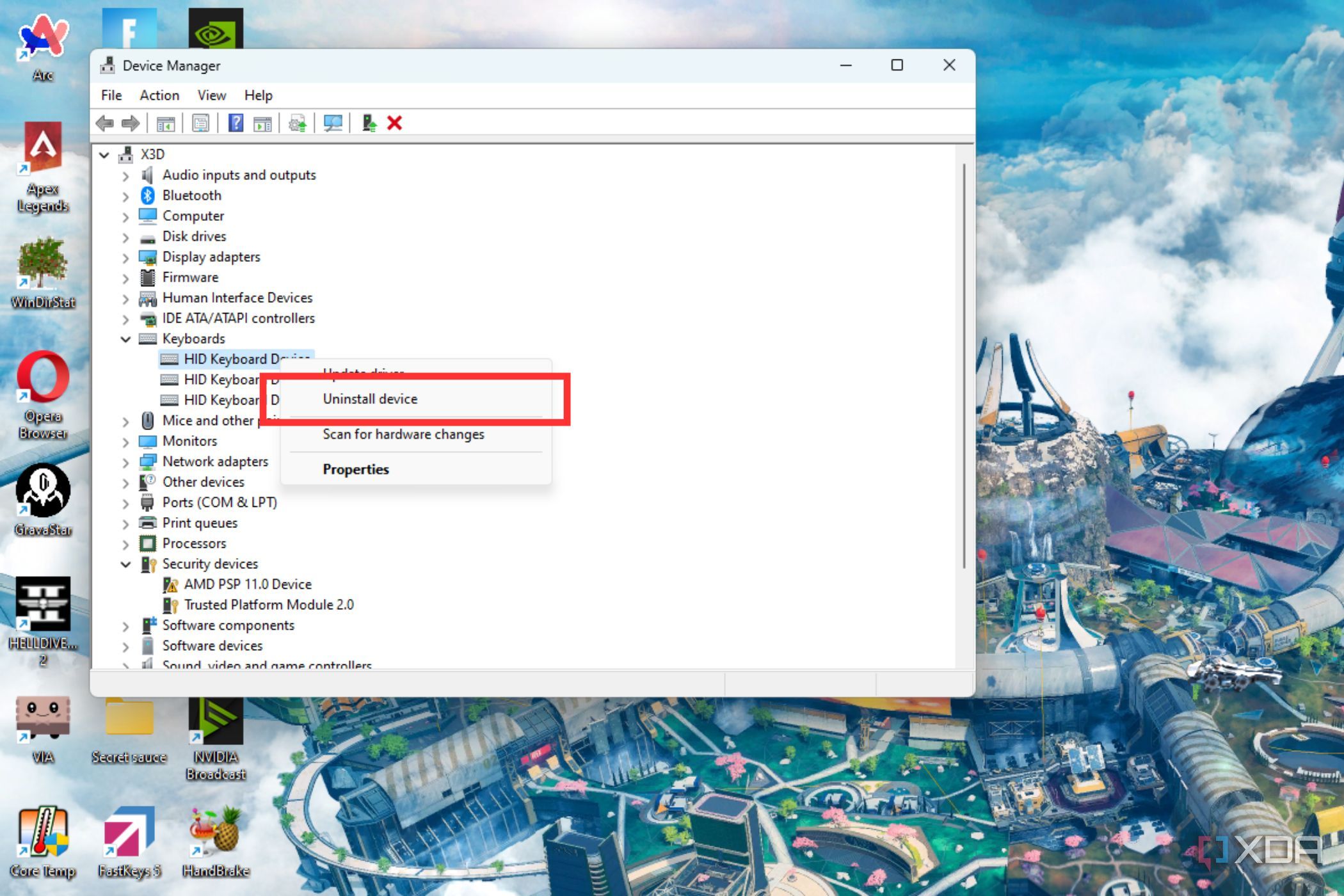 An image showing the highlighted Uninstall device in Windows Device Manager utility.