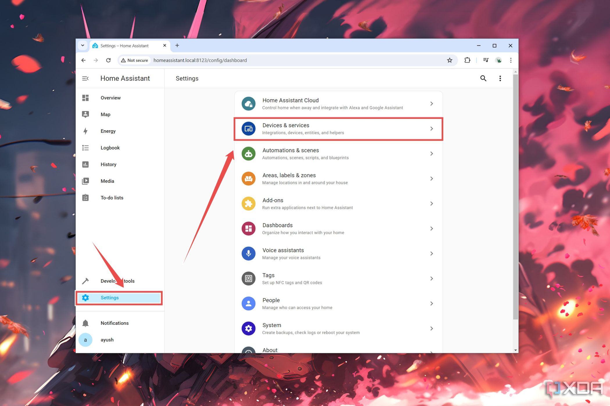 The procedure to enter the Devices & services panel in Home Assistant