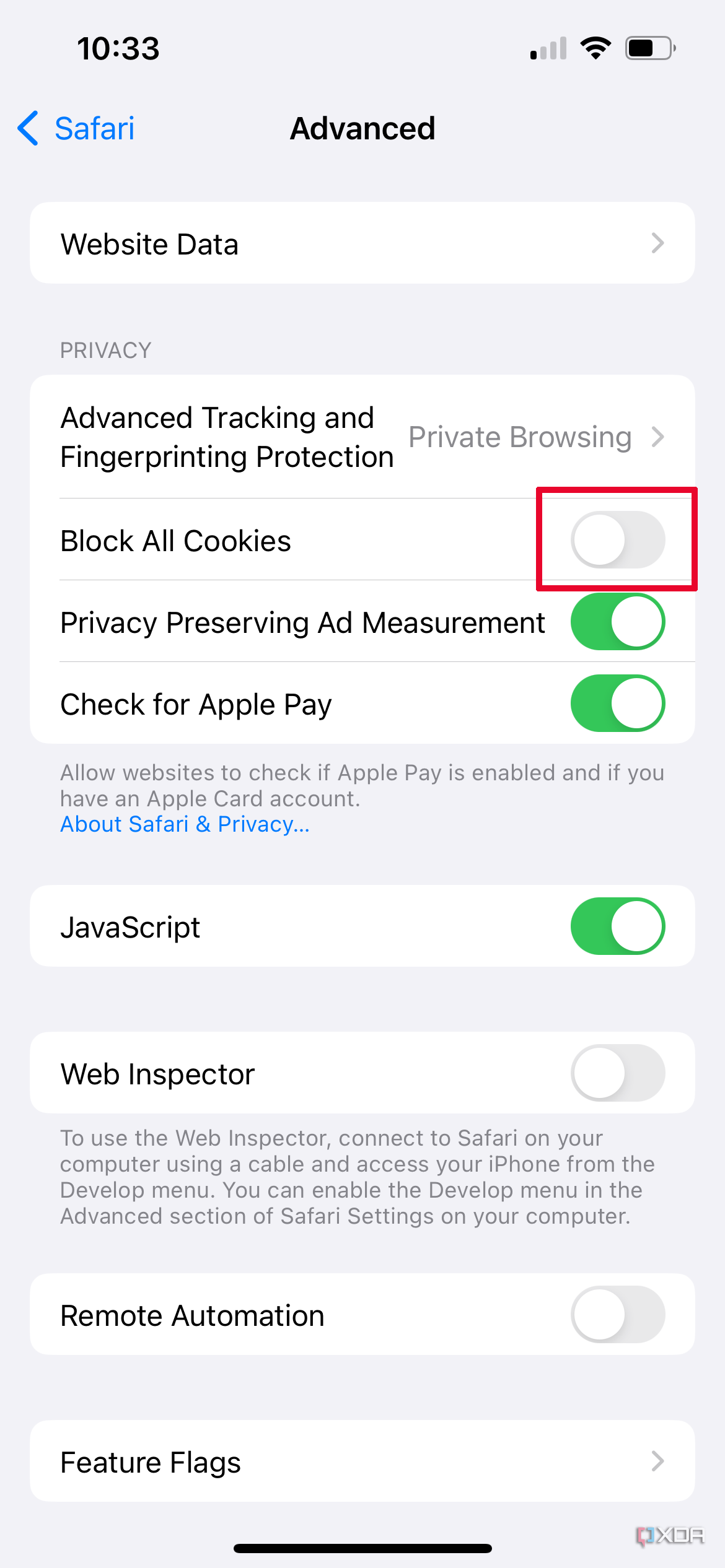 Impostazioni avanzate di iPhone Safari con il dispositivo di scorrimento Blocca tutti i cookie selezionato