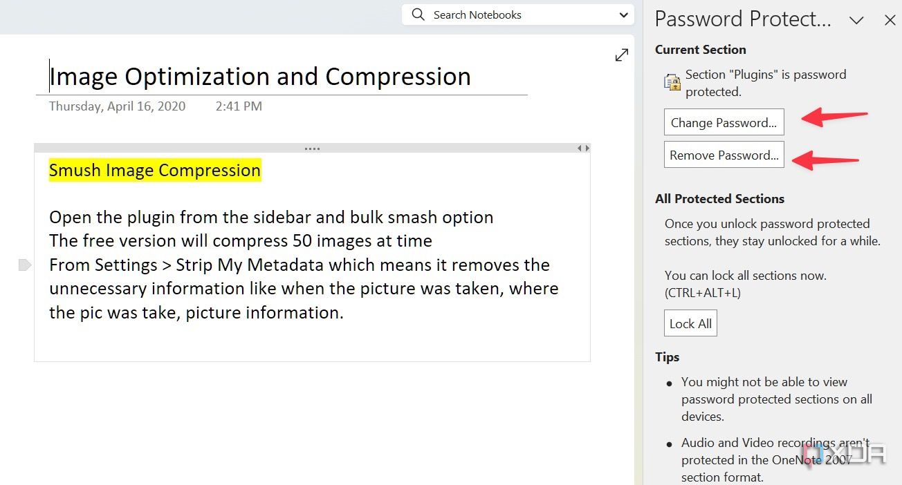 Cambiar o eliminar contraseña de la sección OneNote