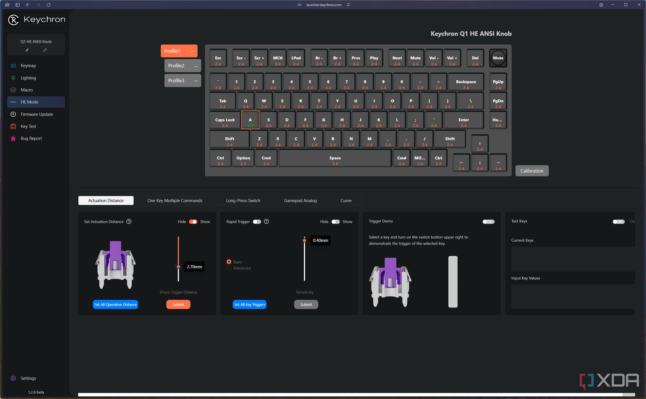 Captura de pantalla de la personalización de la distancia de actuación para Keychron Q1 HE en la aplicación de inicio de Keychron