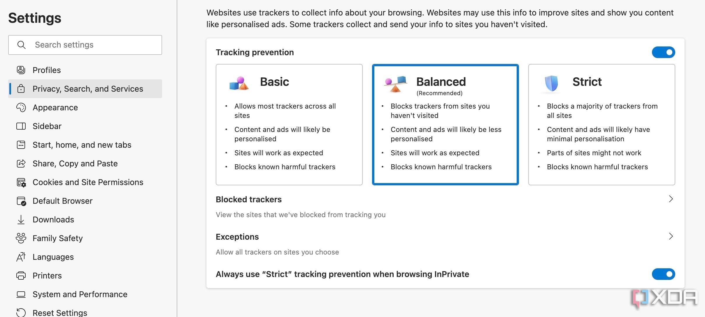 Tweak Microsoft Edge tracking prevention