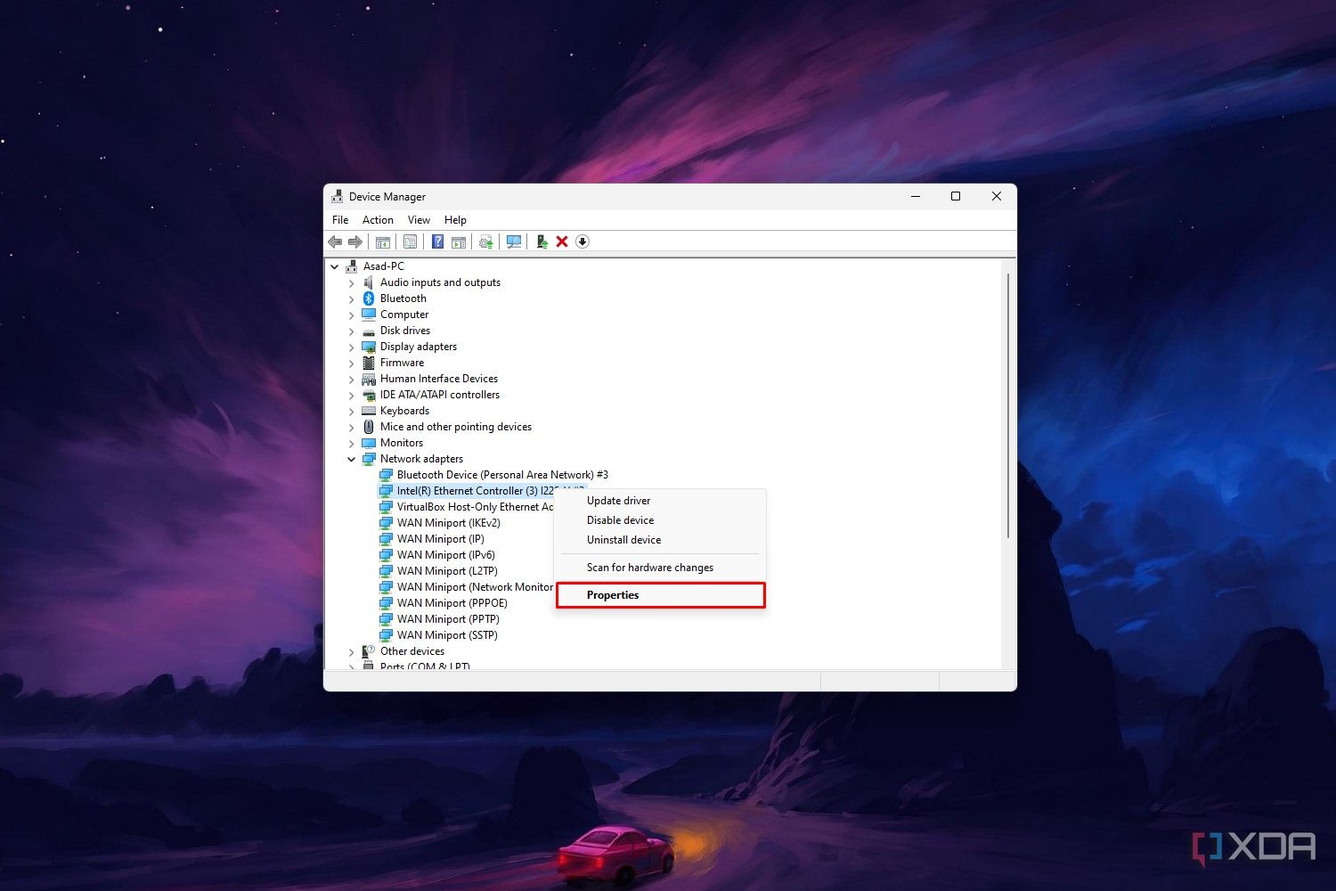 Captura de pantalla del Administrador de dispositivos de Windows 11 que resalta la pestaña Propiedades de un adaptador de red Ethernet Intel.