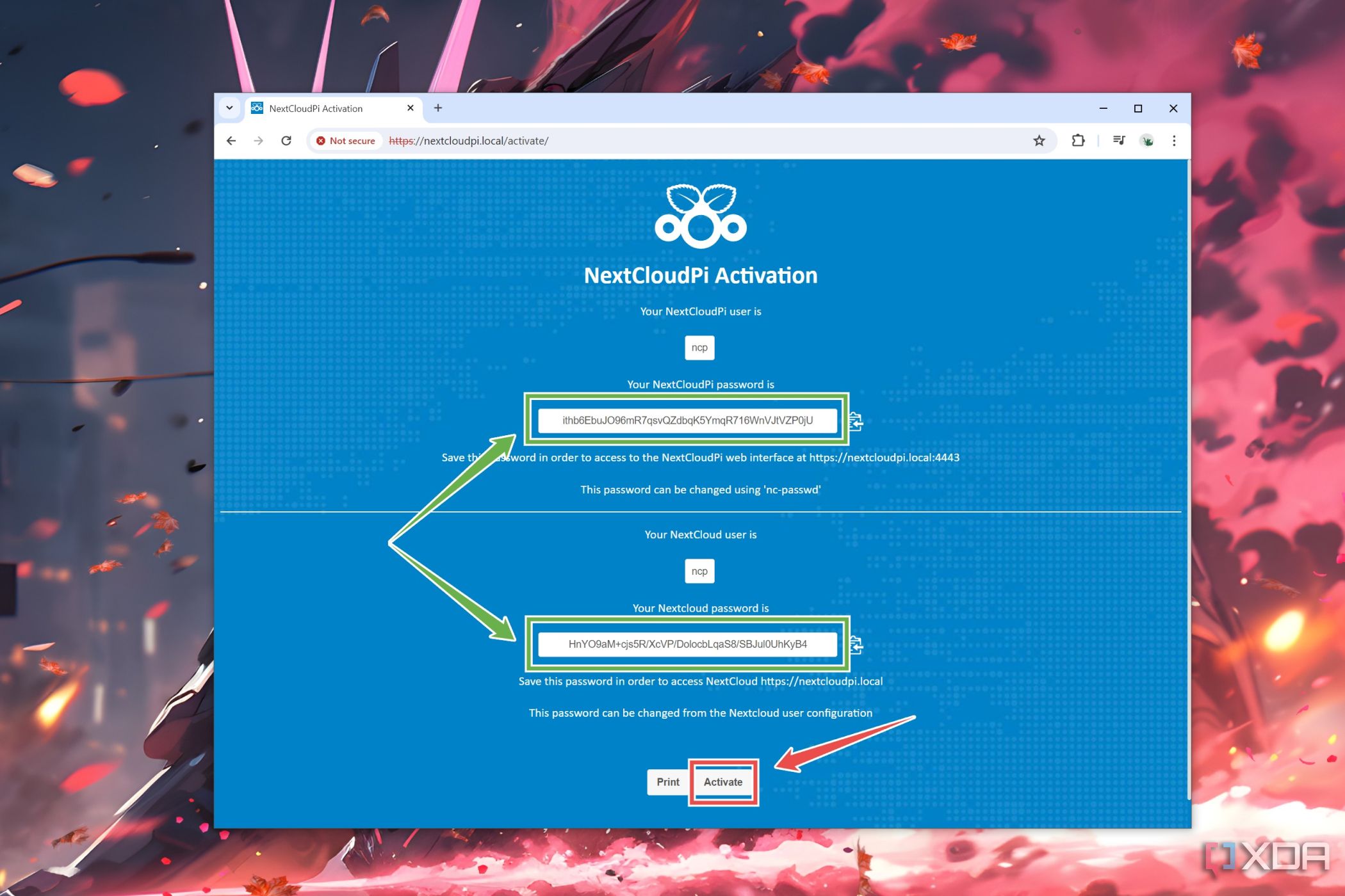 La página de Activación en la interfaz web de NextCloudPi