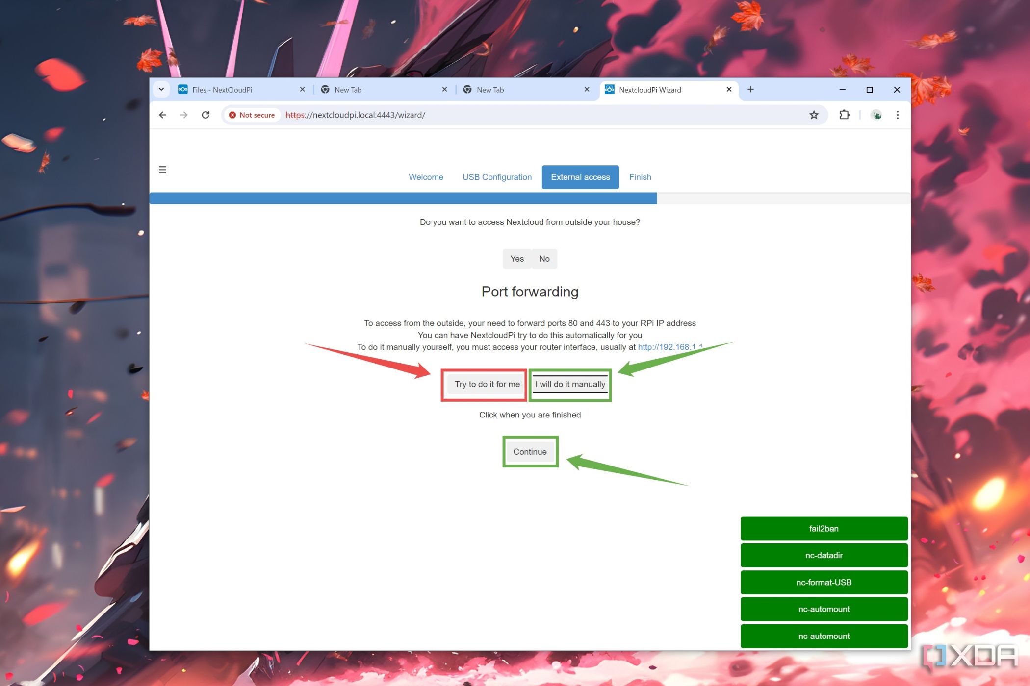 El procedimiento para configurar el reenvío de puertos en la interfaz web de NextCloudPi