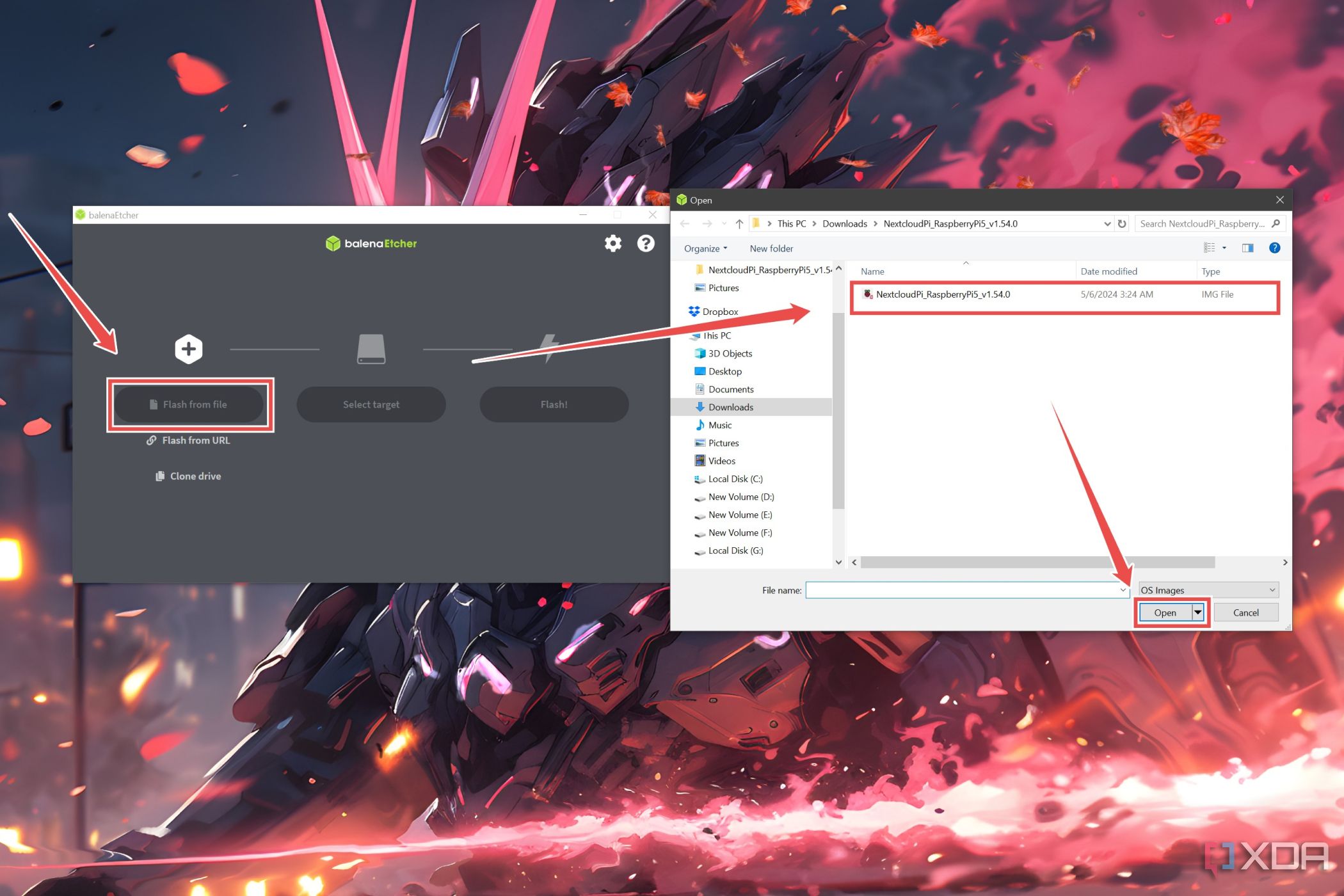 El procedimiento para seleccionar la imagen de NextCloudPi en Balena Etcher