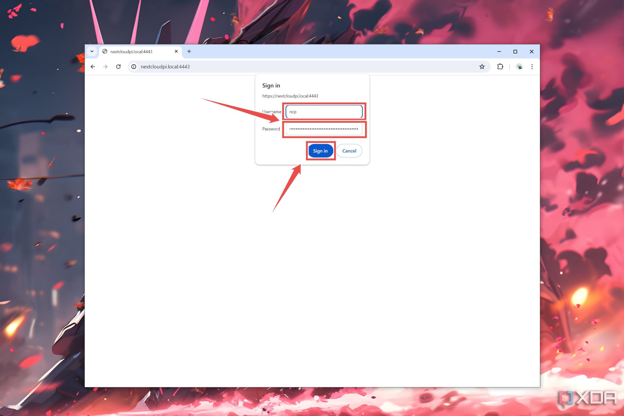 La página de inicio de sesión para el enlace de configuración de NextCloudPi